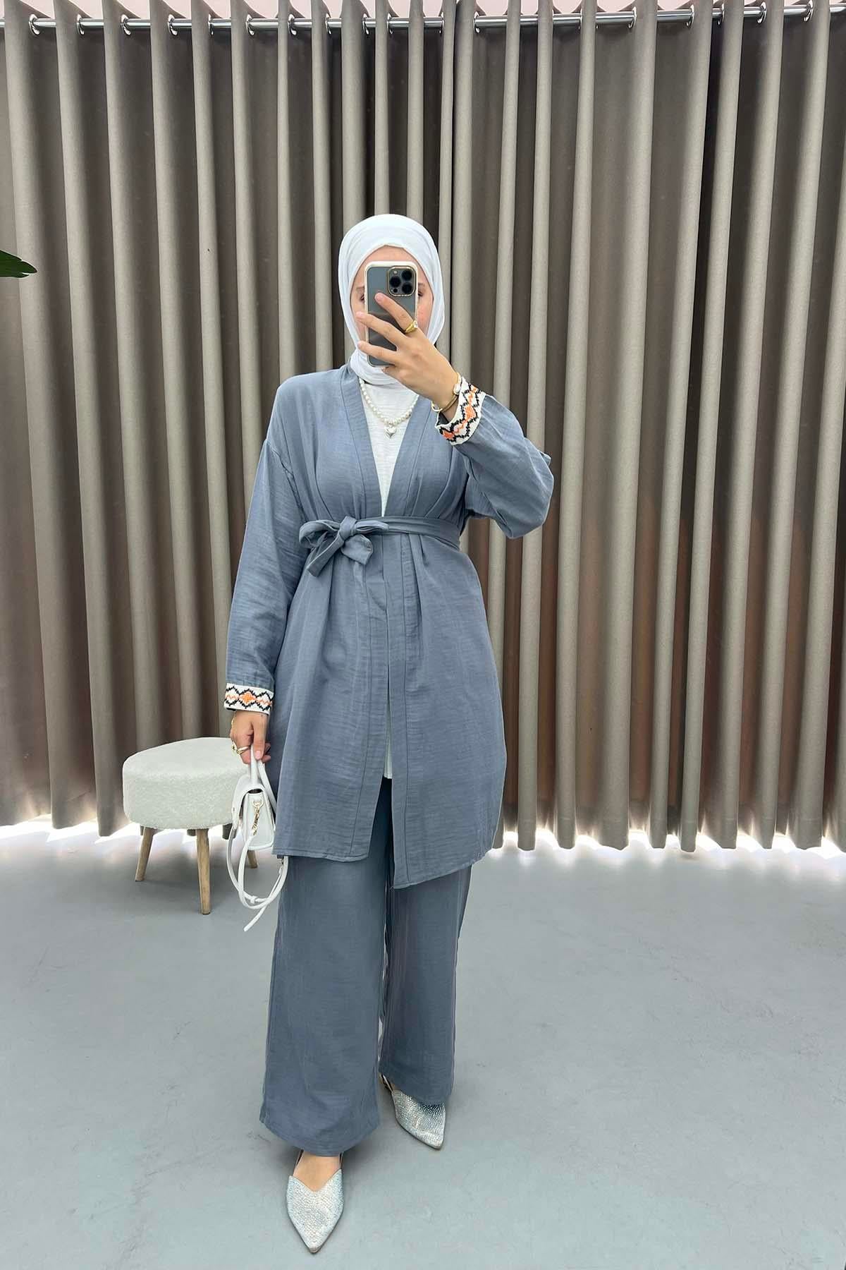 Kol İşlemeli Keten Kimono Takım Gri