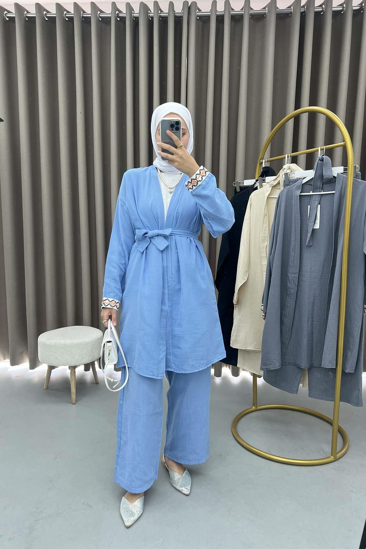 Kol İşlemeli Keten Kimono Takım Mavi