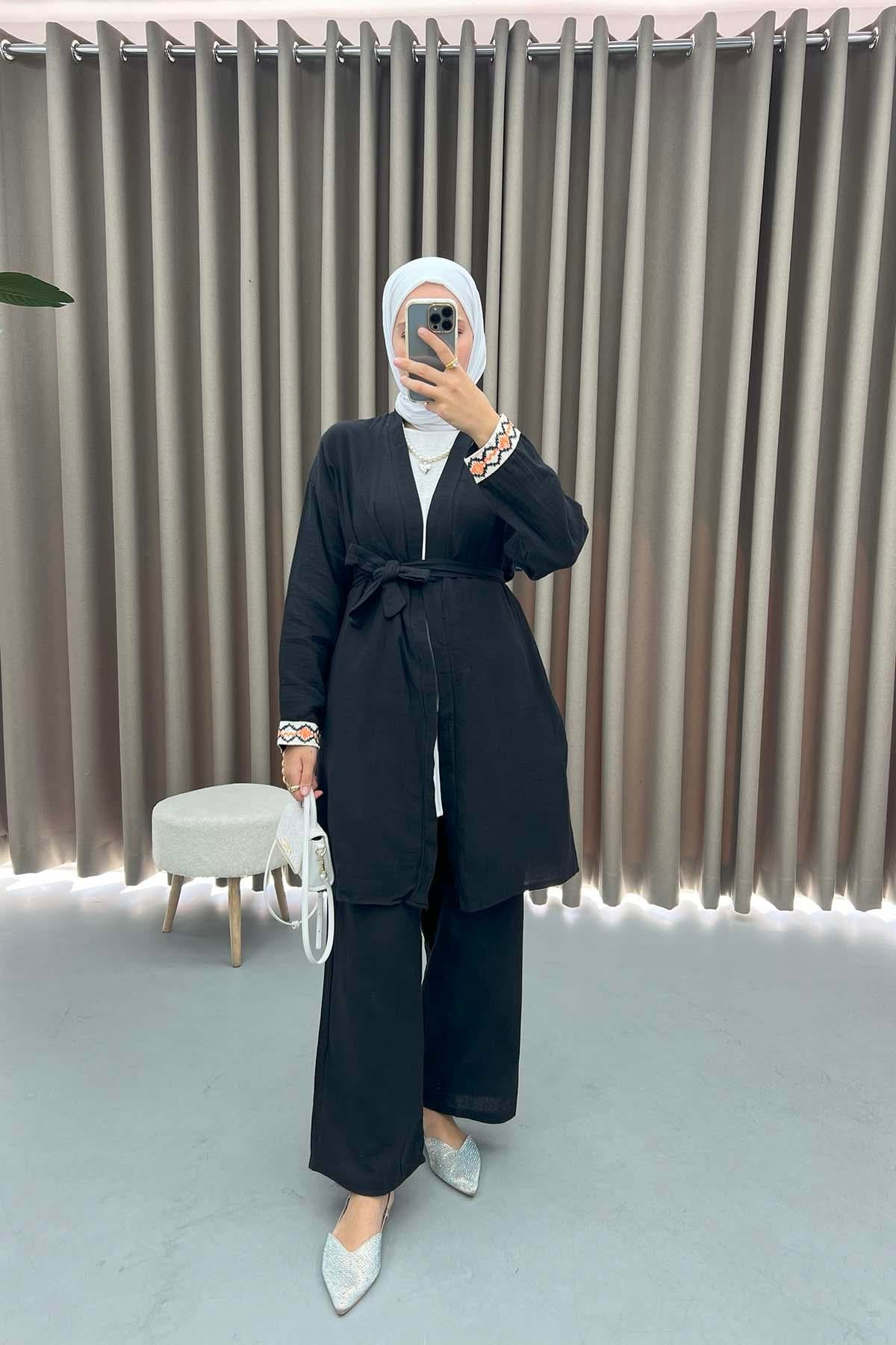 Kol İşlemeli Keten Kimono Takım Siyah
