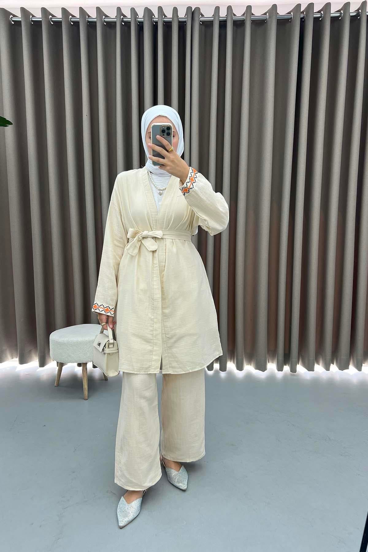 Kol İşlemeli Keten Kimono Takım Taş