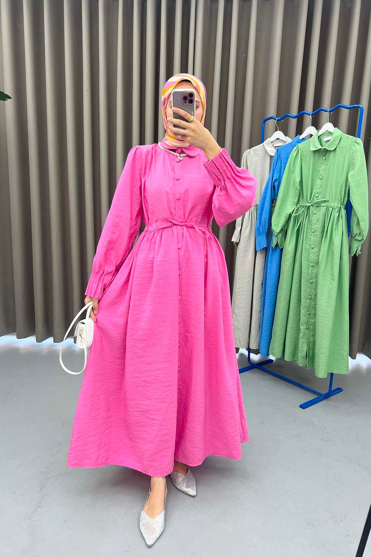 Kol Piliseli Paraşüt Elbise Pembe