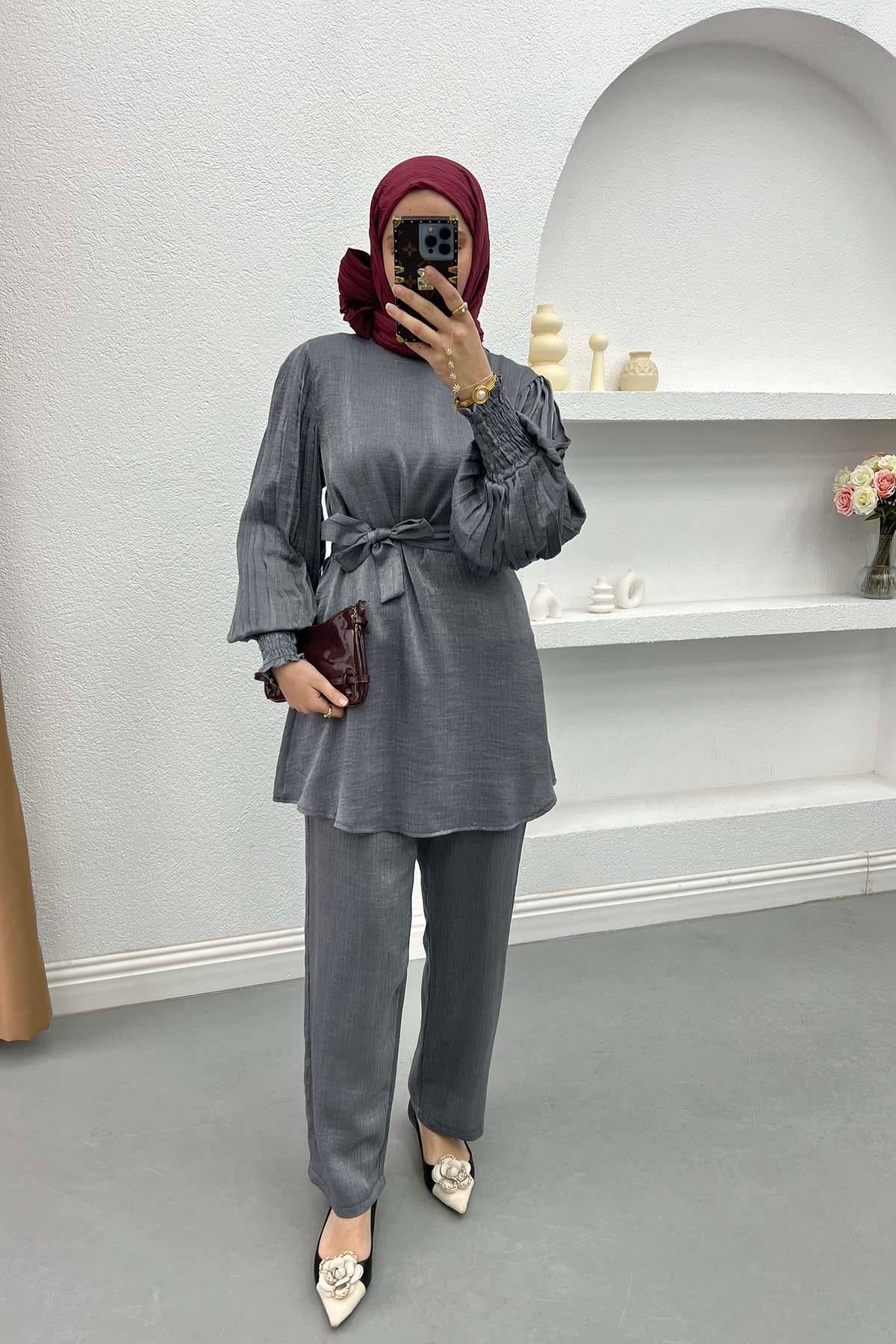 Kol Piliseli Simli Takım Gri