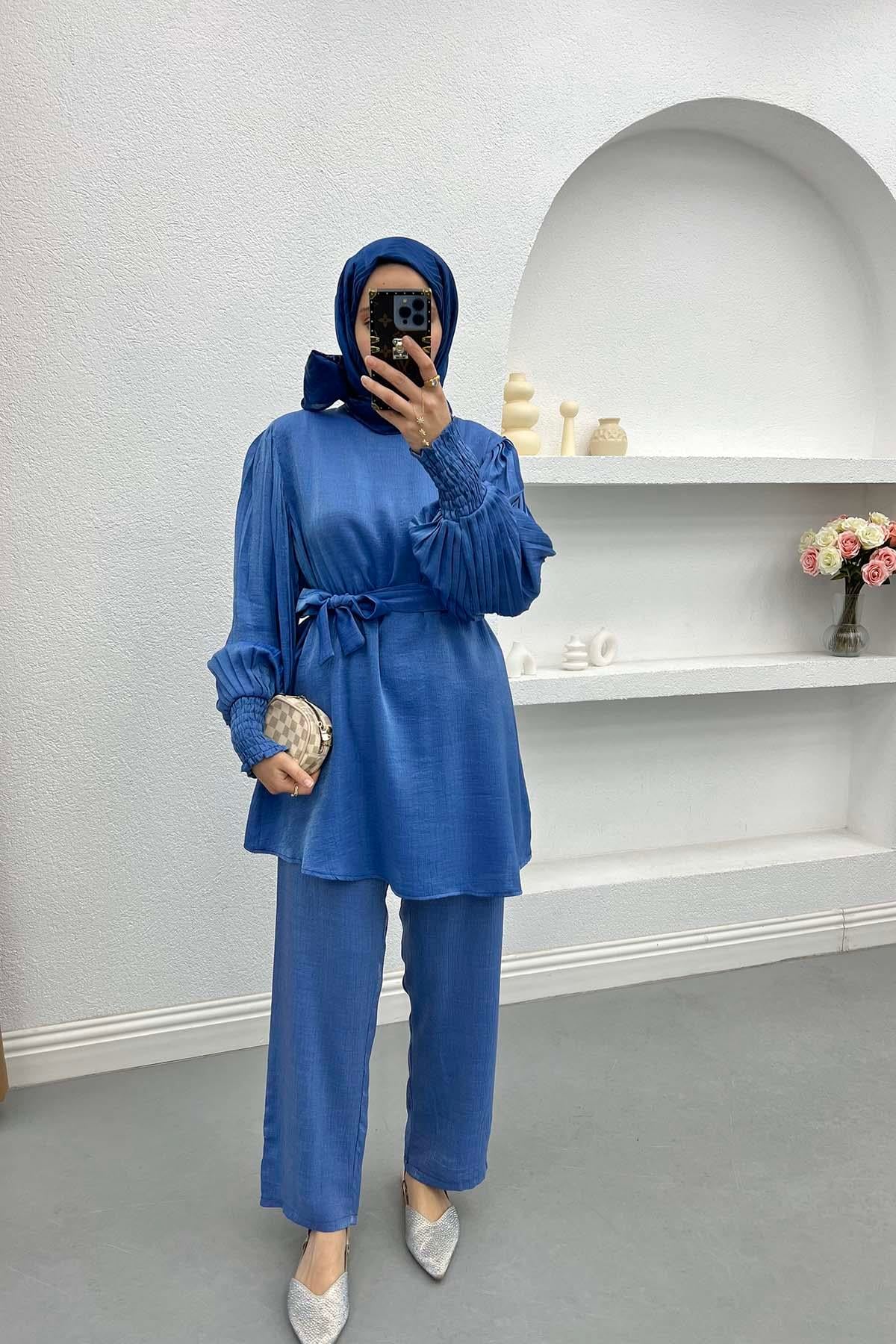 Kol Piliseli Simli Takım İndigo