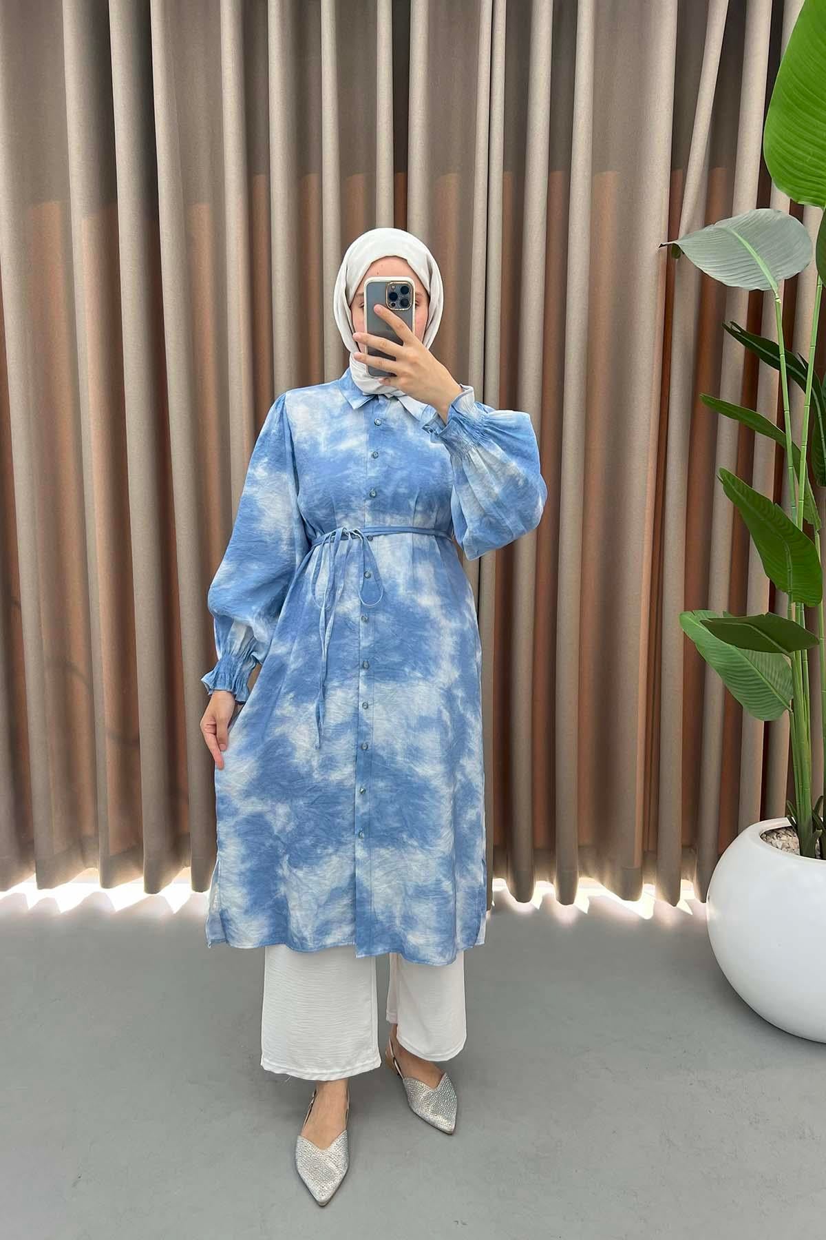 Kol Ribanalı Batik Desen Tunik Mavi
