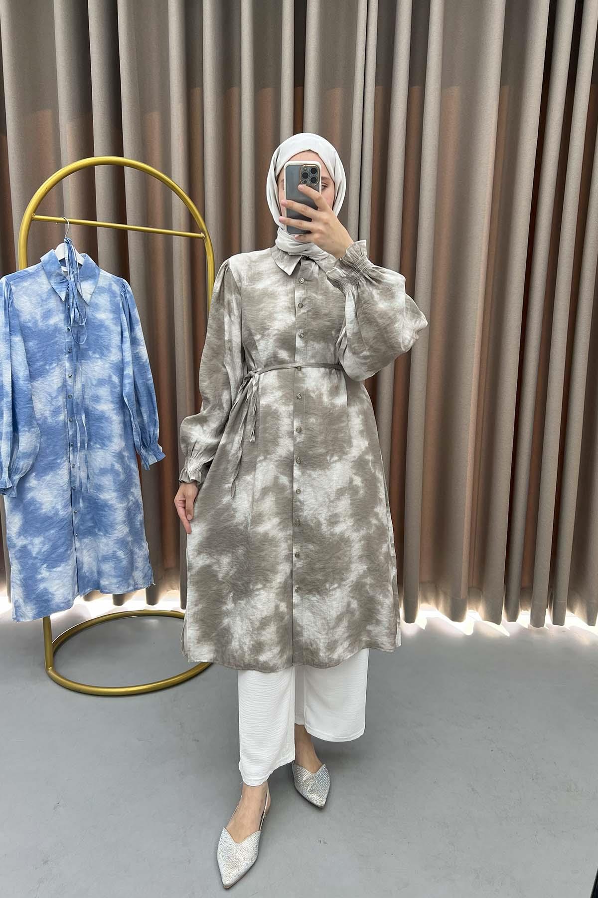 Kol Ribanalı Batik Desen Tunik Vizon