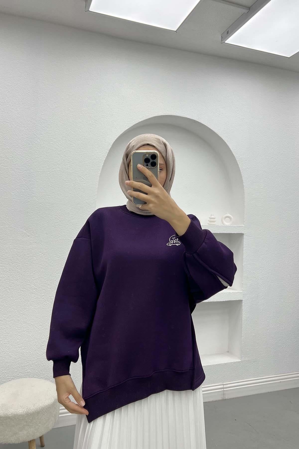 Kol Yırtmaçlı Üç İplik Sweatshirt Mürdüm