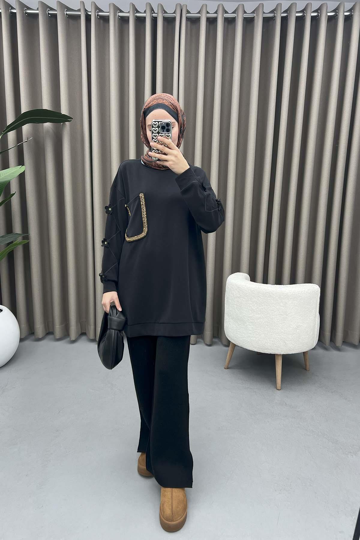 Kolları Çiçekli Oysh Tunik Siyah