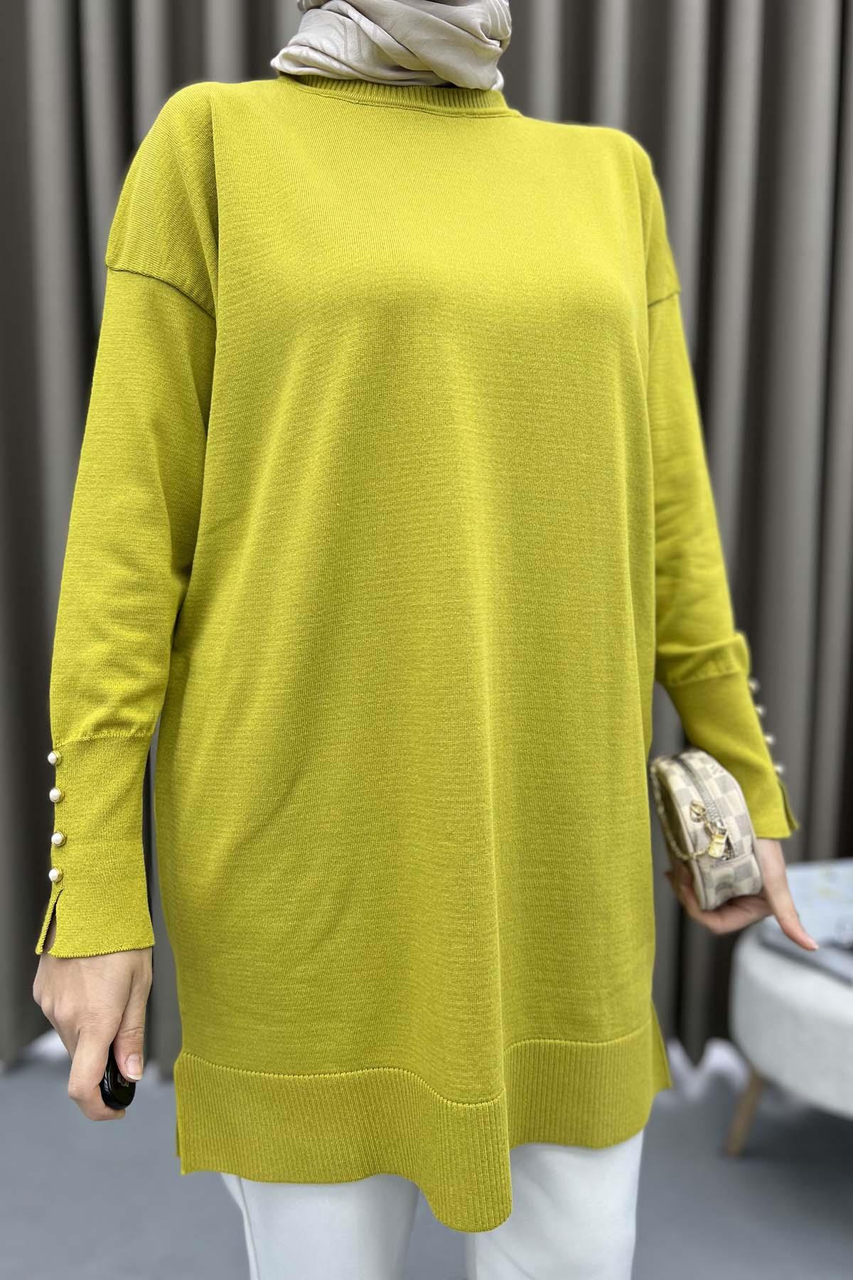Kolları İnci Düğmeli Tunik Zeytin Yeşili