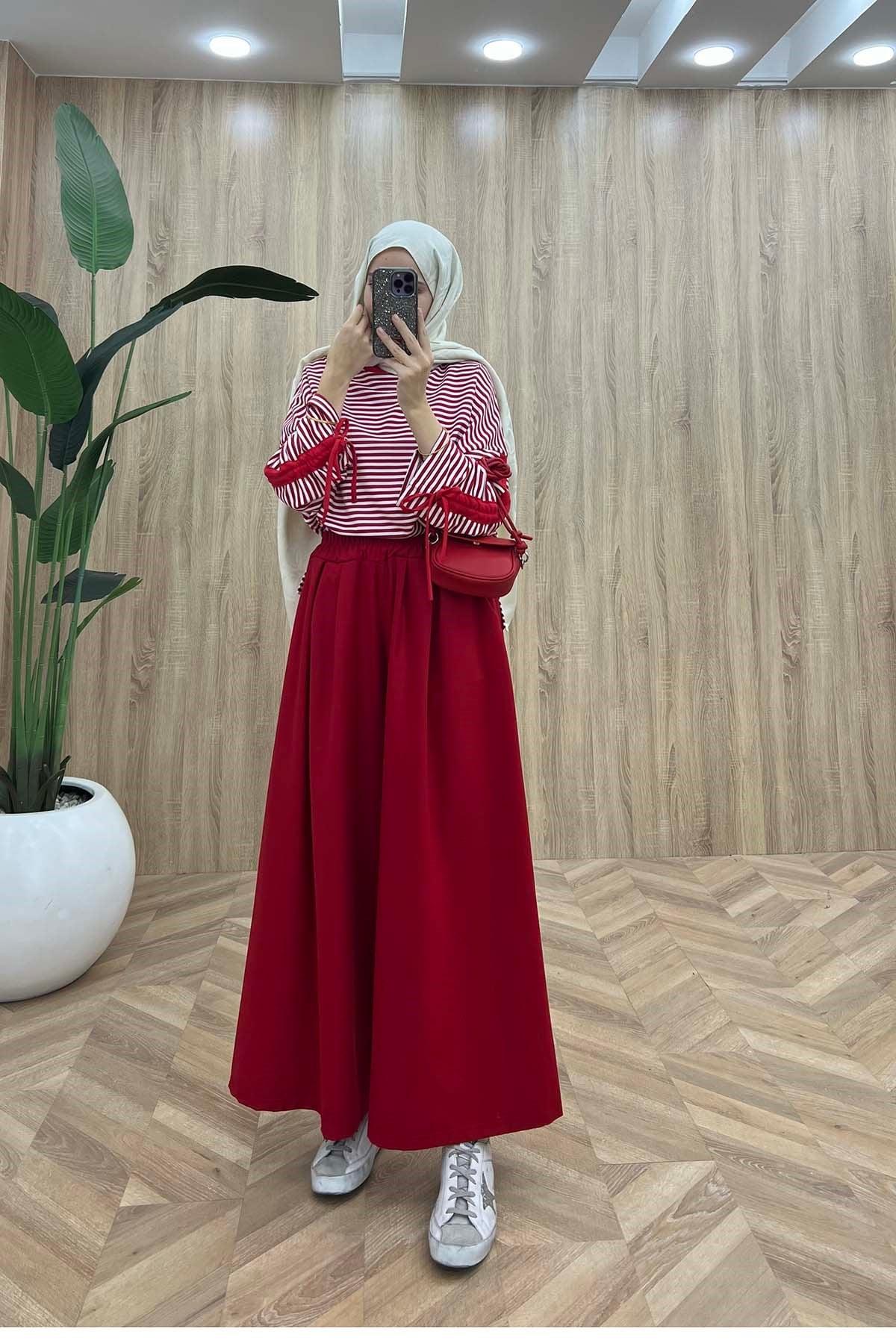 Kolları İp Detaylı Çizgili Riba Sweatshirt Kırmızı