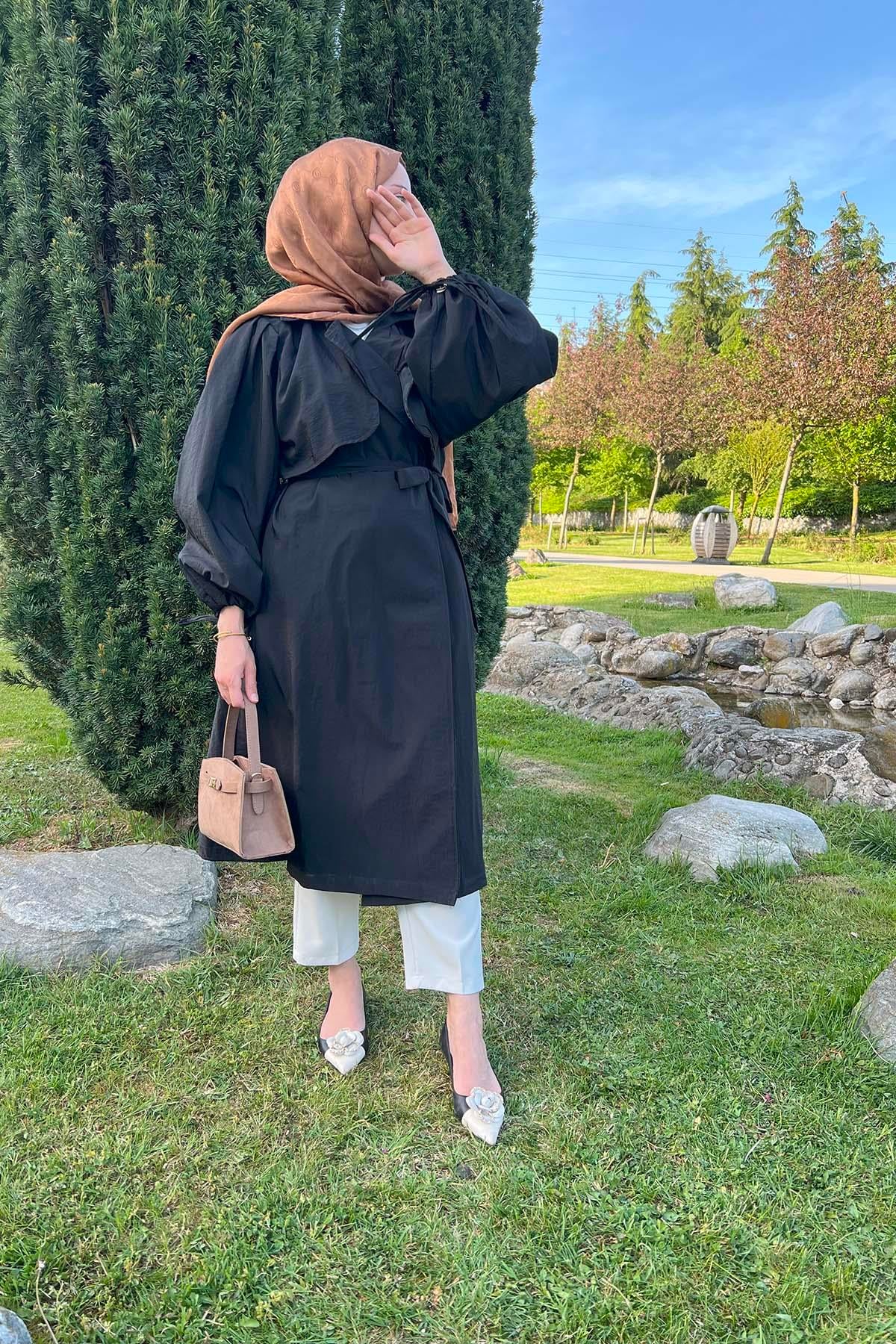 Kolları İp Detaylı Kuşaklı Trençkot Siyah