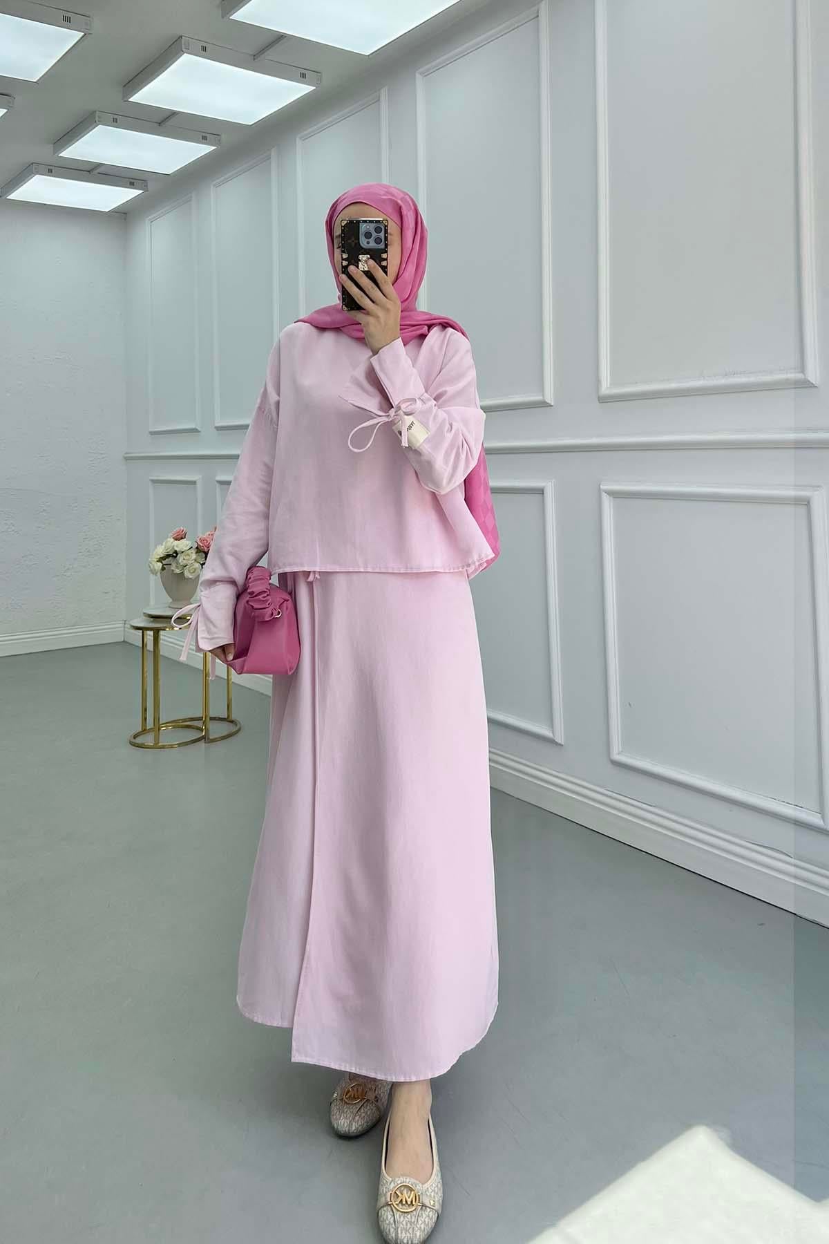 Kolu İp Detaylı Etekli Keten Takım Pembe