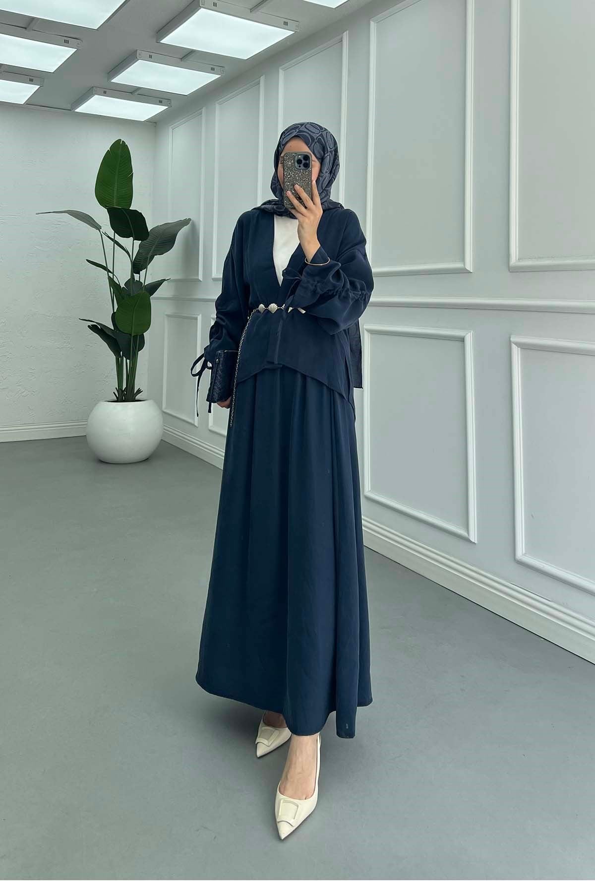 Kolu İp Detaylı Kimono Takım İndigo