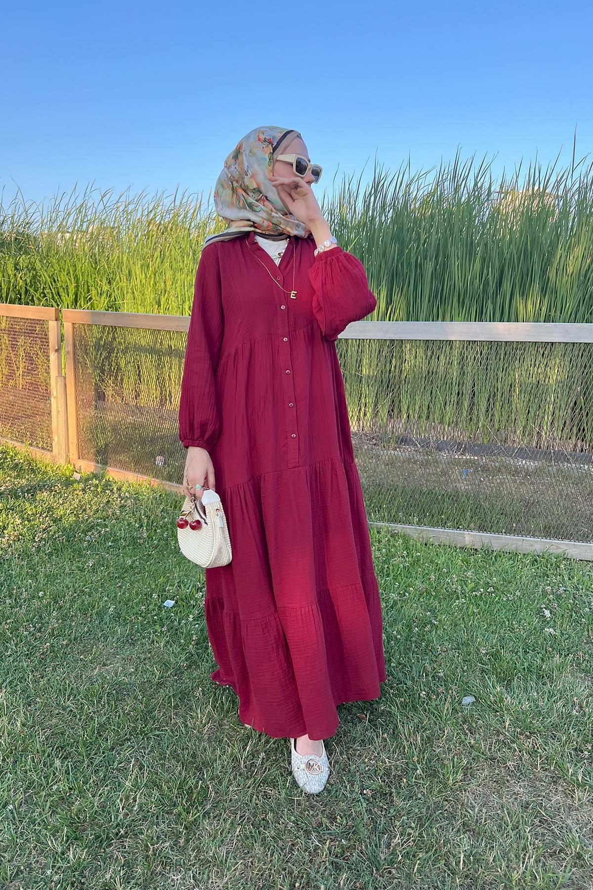 Kolu Lastikli Yarım Düğme Elbise Bordo
