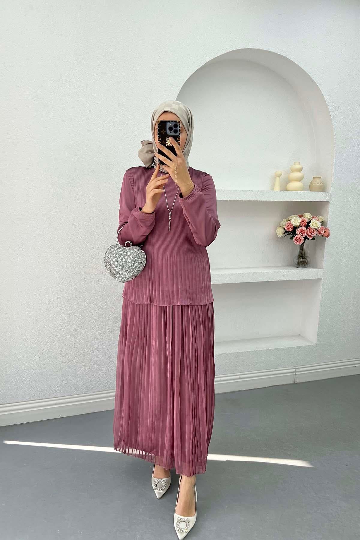 Kolyeli Piliseli Etek Takım Gül Kurusu