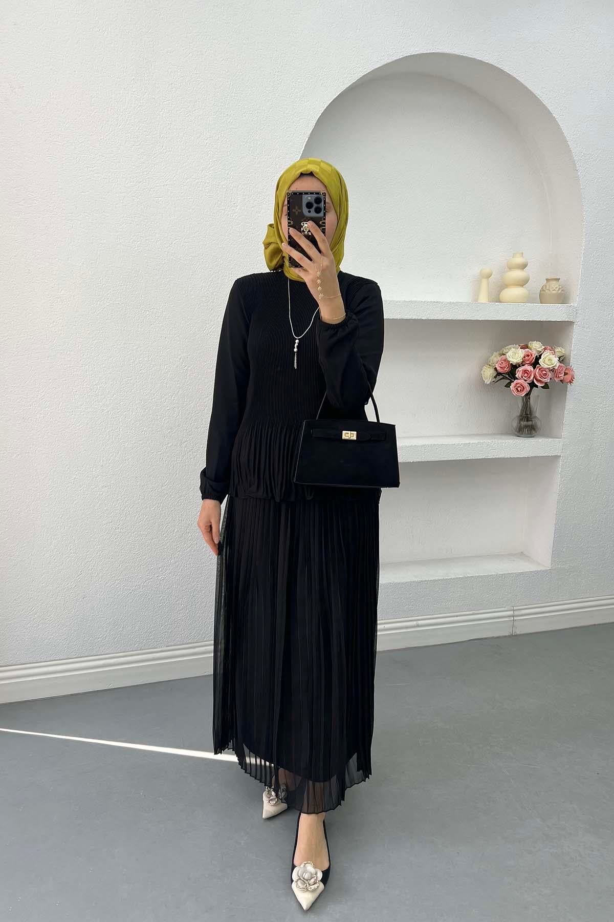 Kolyeli Piliseli Etek Takım Siyah