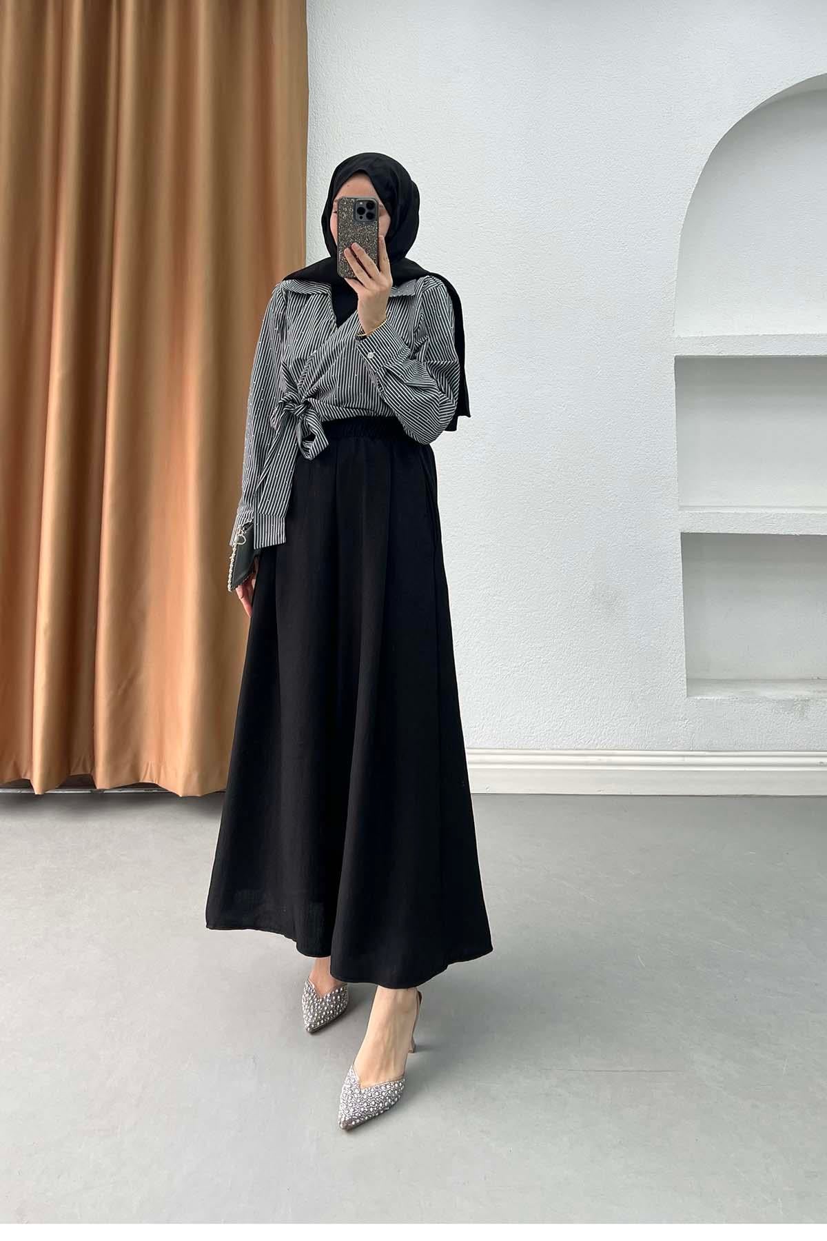 Krinkıl Dokulu Bol Paça Rahat Pantalon Siyah