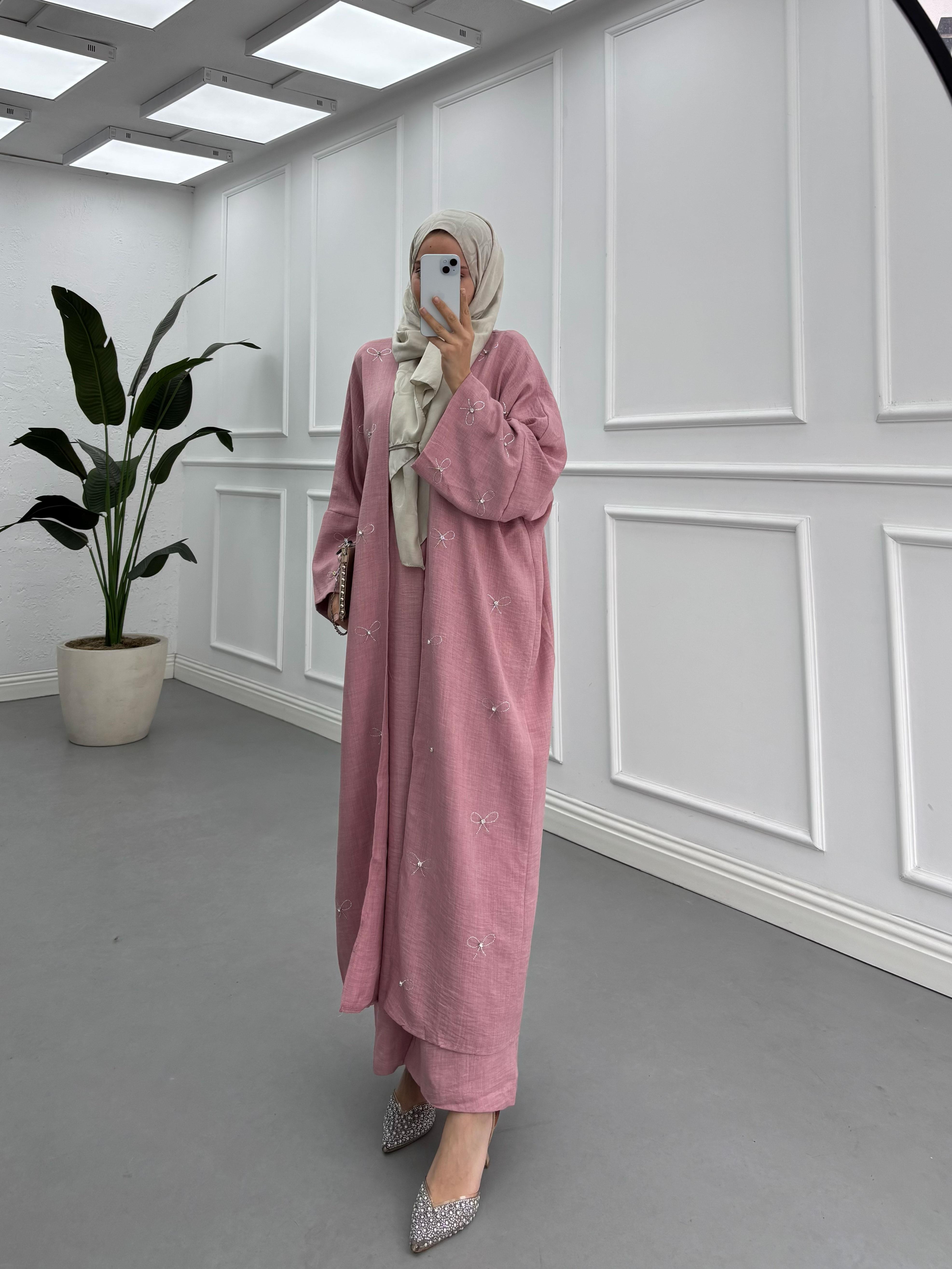 Kristal Fiyonklu Zarif Kimono Takım Pudra