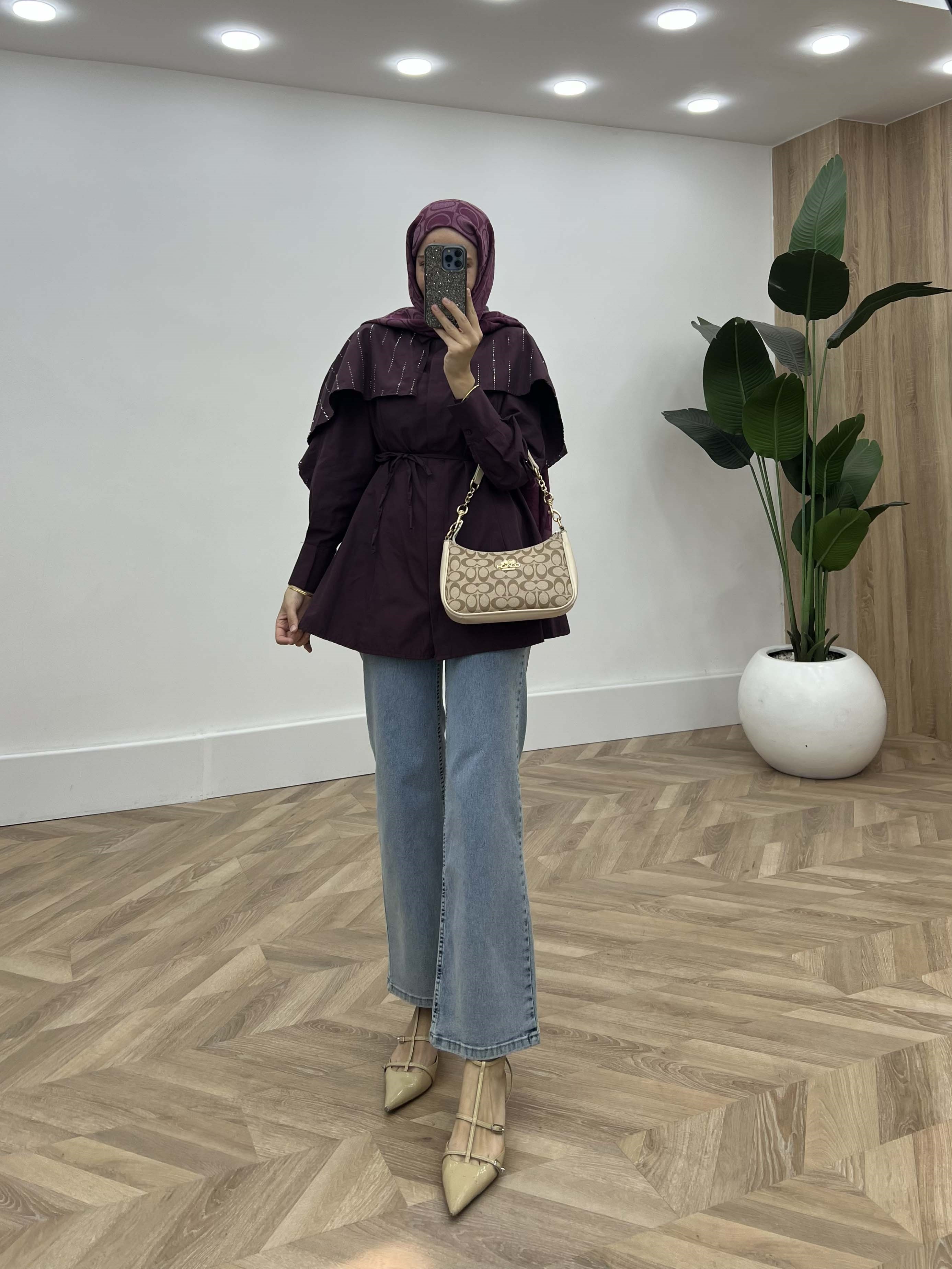 Kristal Işıltılı Pelerin Detaylı Gömlek Mürdüm