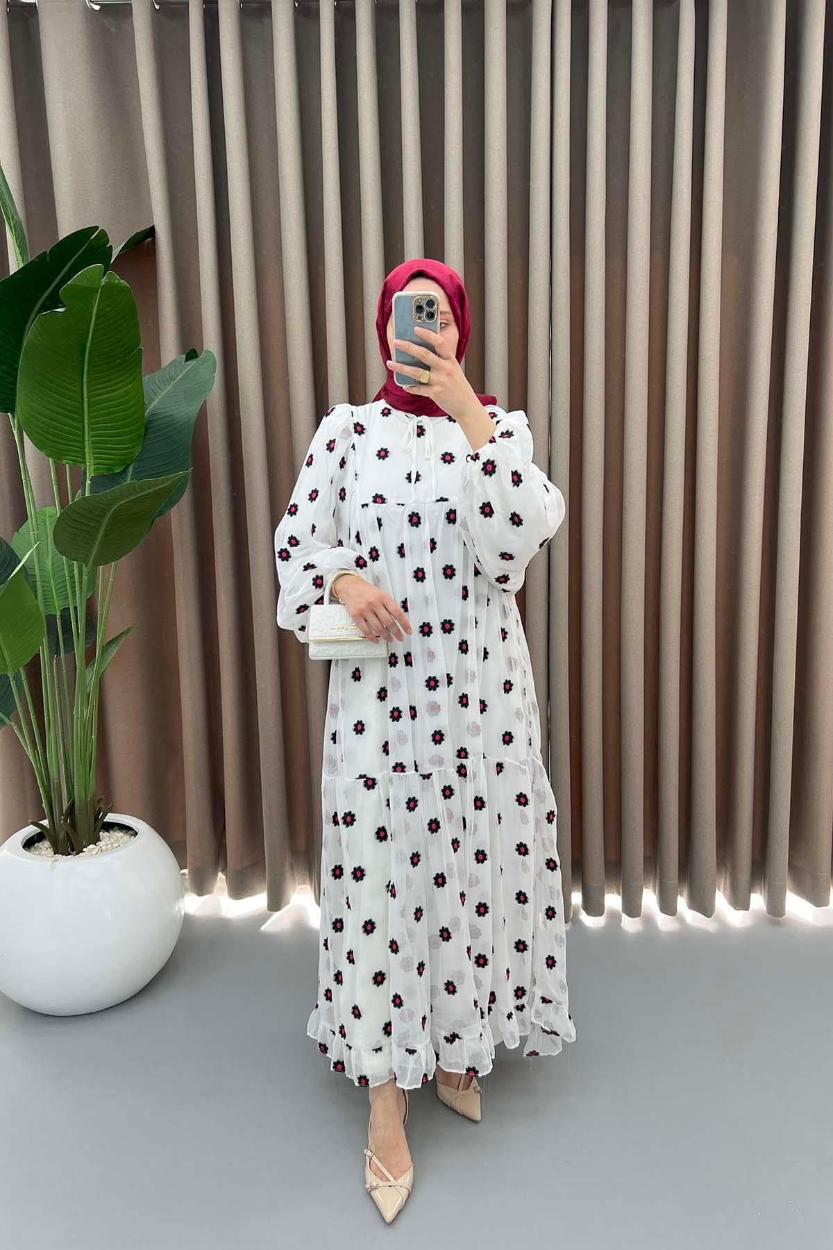 Küçük Papatyalı Tül Elbise Pembe