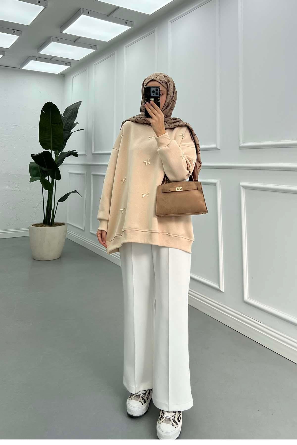 Kurdeleli Sweatshirt Bej