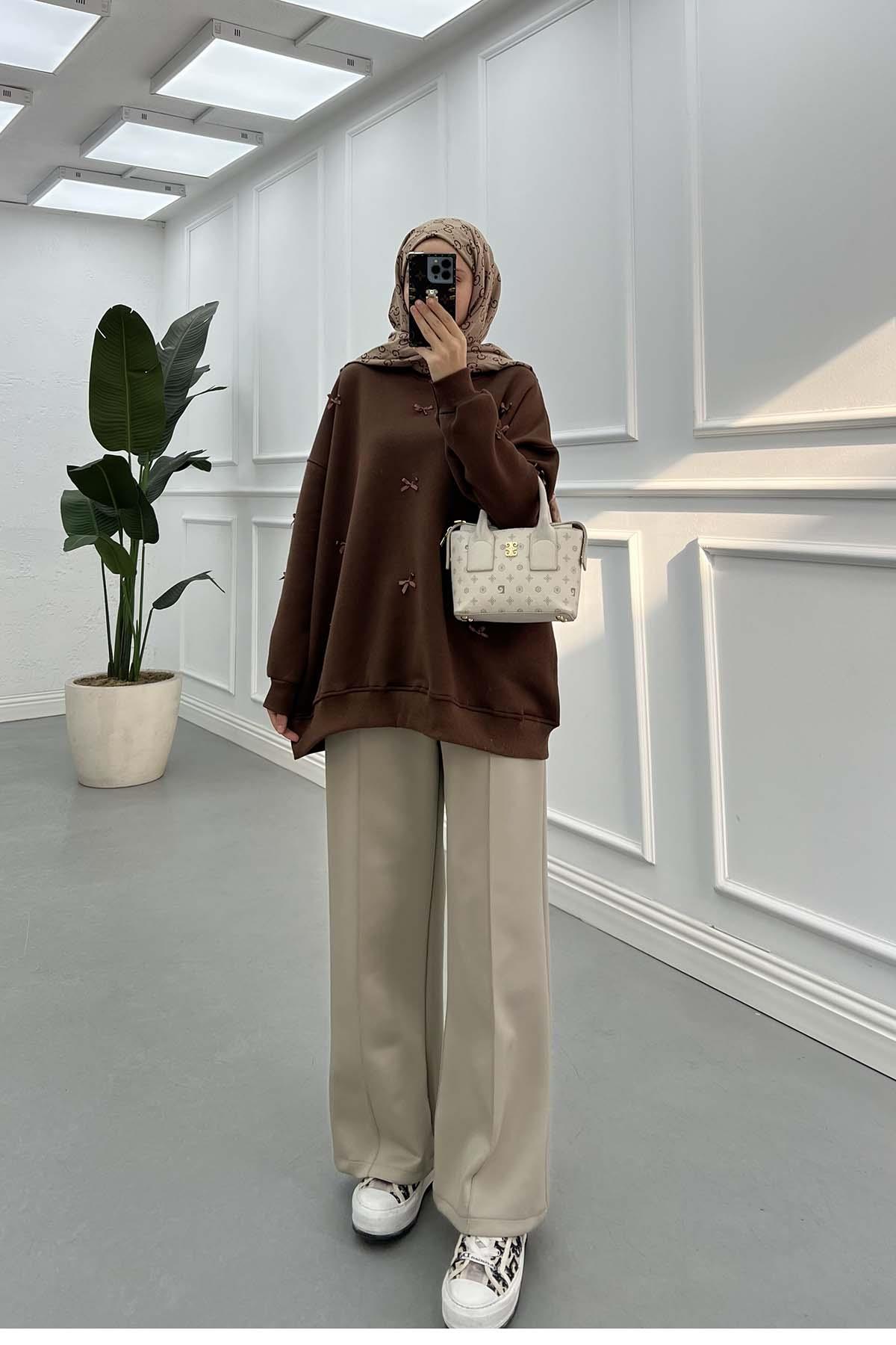 Kurdeleli Sweatshirt Kahve