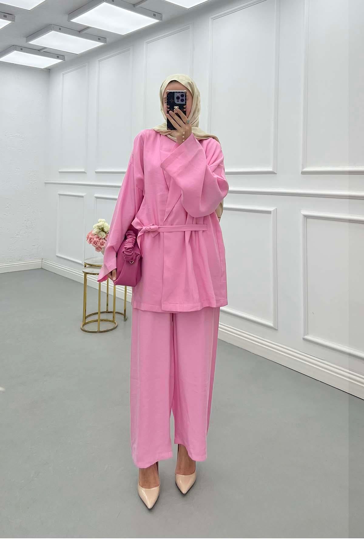 Kuşaklı Ceket Kimono Takım Pembe