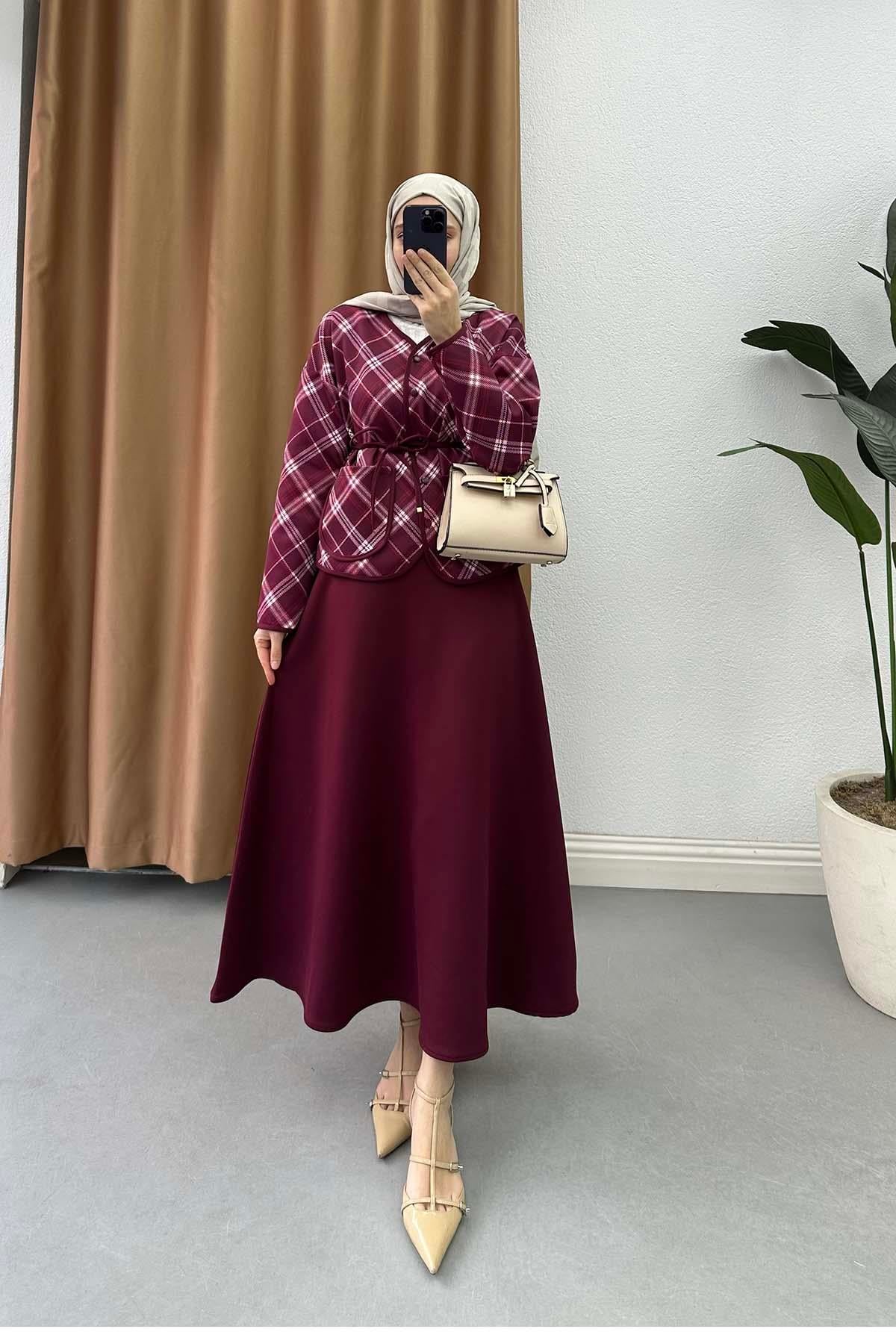 Kuşaklı Ekoseliş Etekli Takım Bordo