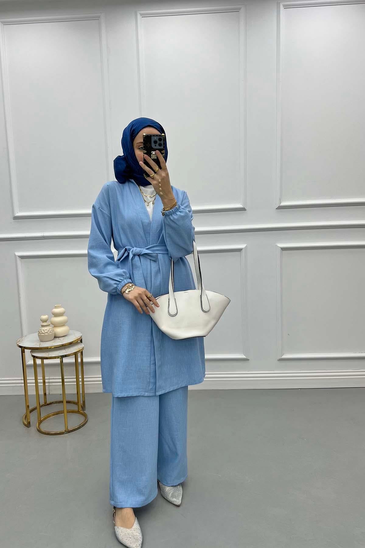 Kuşaklı Kimono Takım Açık Mavi