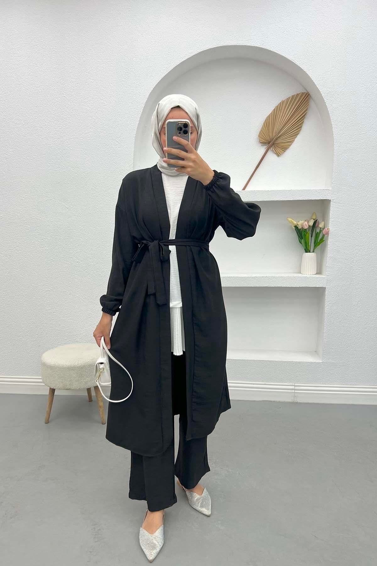 Kuşaklı Kimono Takım Siyah