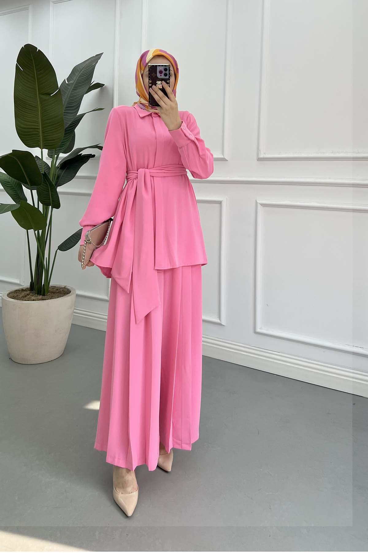 Kuşaklı Krep Takım Pembe