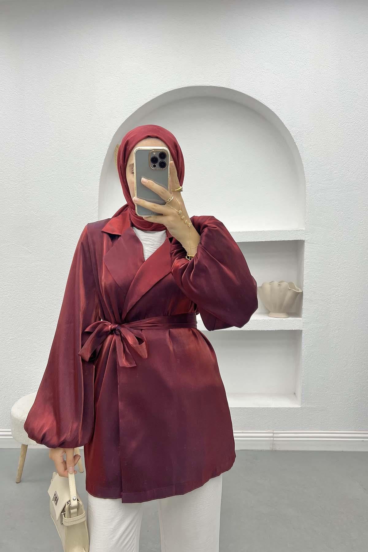 Kuşaklı Parlak Ceket Bordo