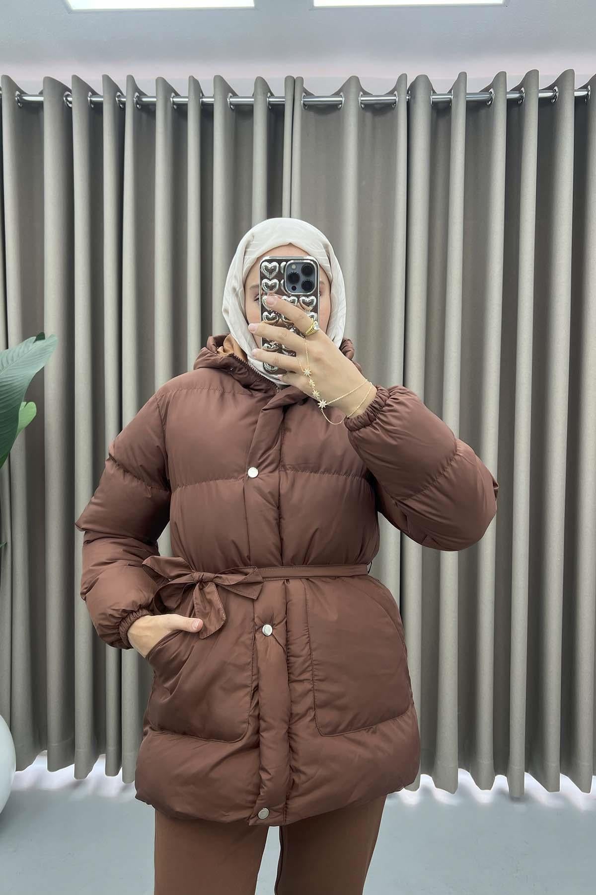 Kuşaklı Şişme Mont Acı Kahve