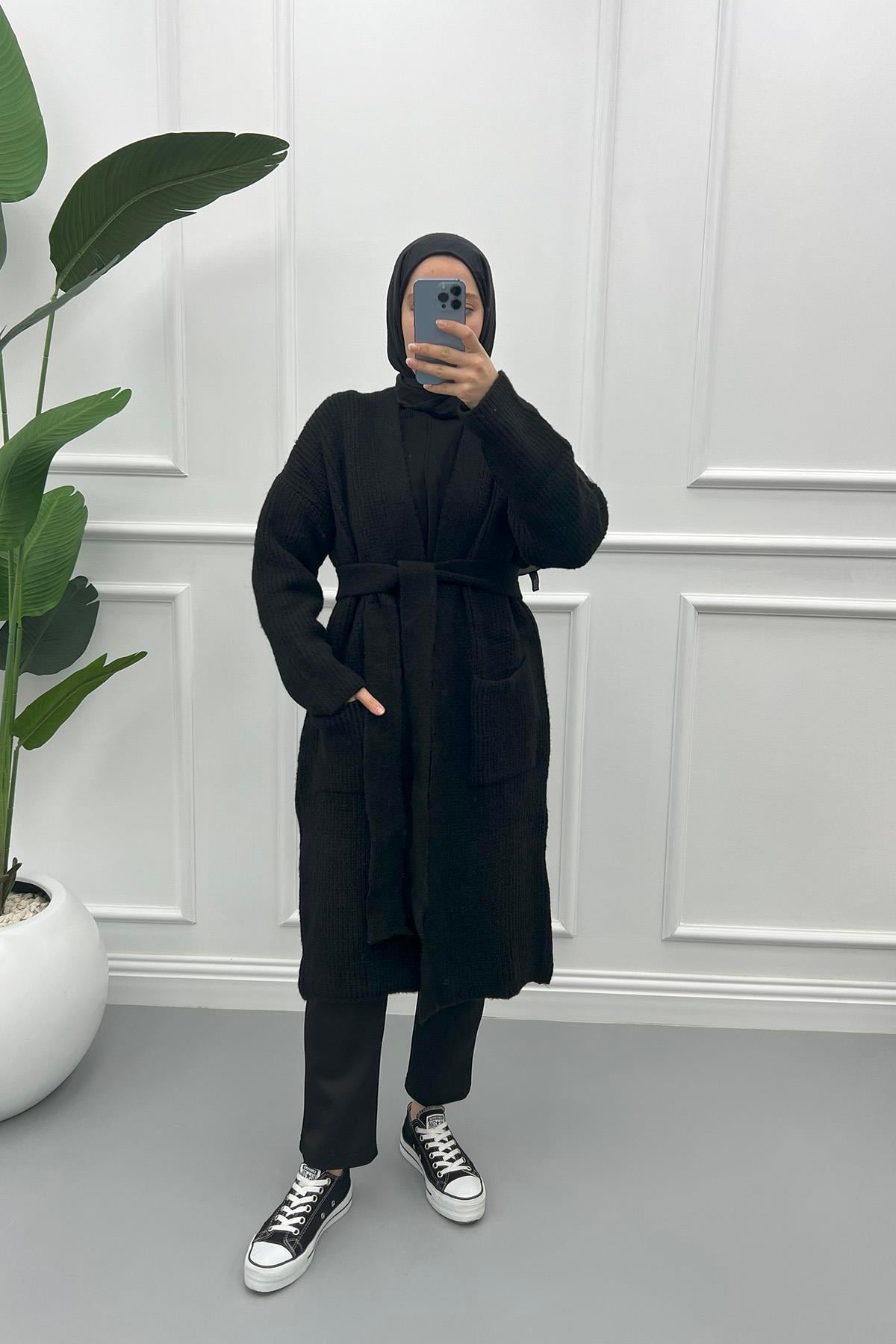 Kuşaklı Triko Hırka Siyah