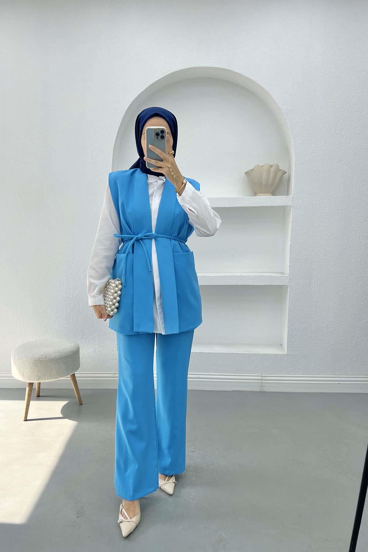 Kuşaklı Yelek Takım Mavi