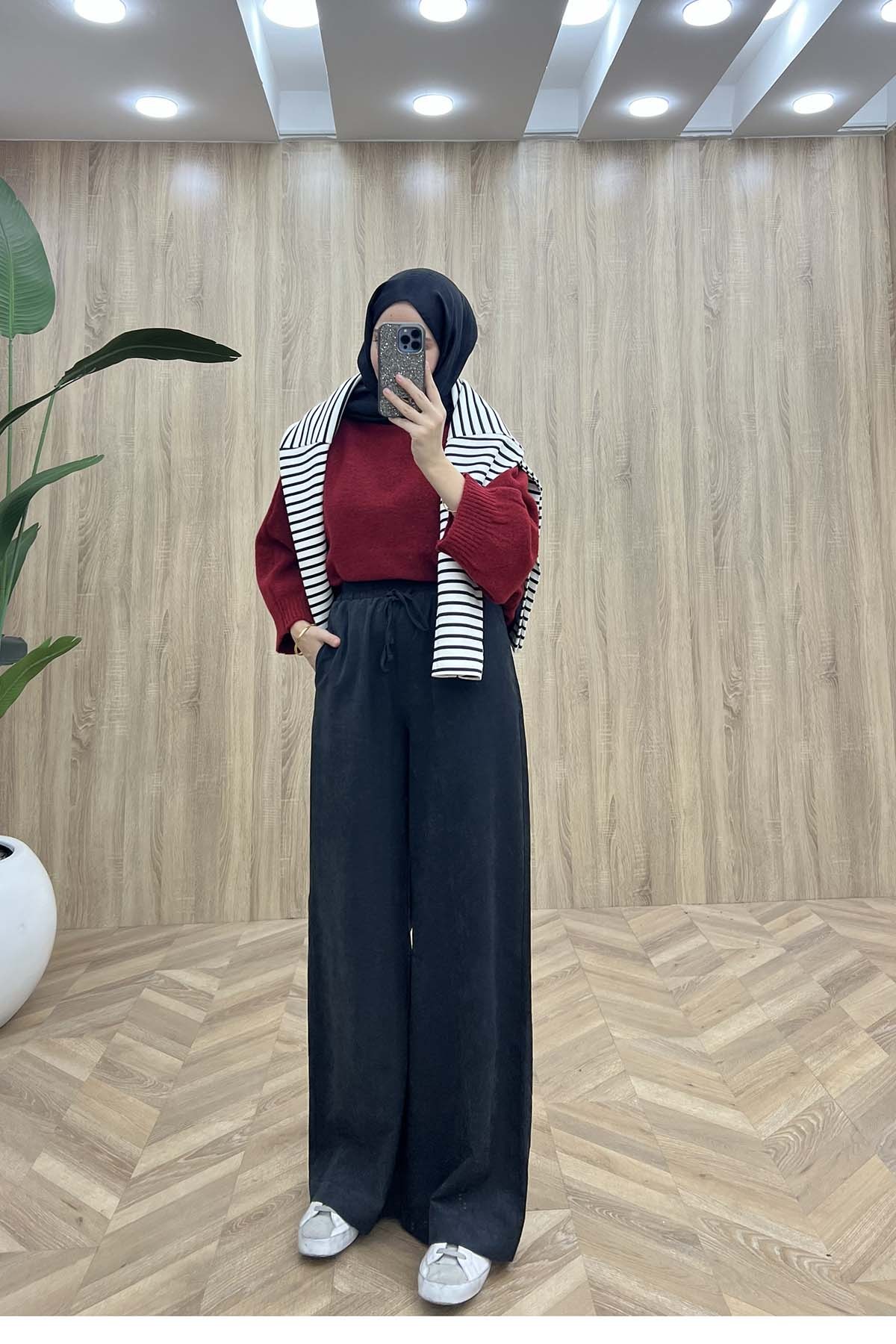 Lastikli ve Bağlamalı Gizli Cepli Pantolon Siyah