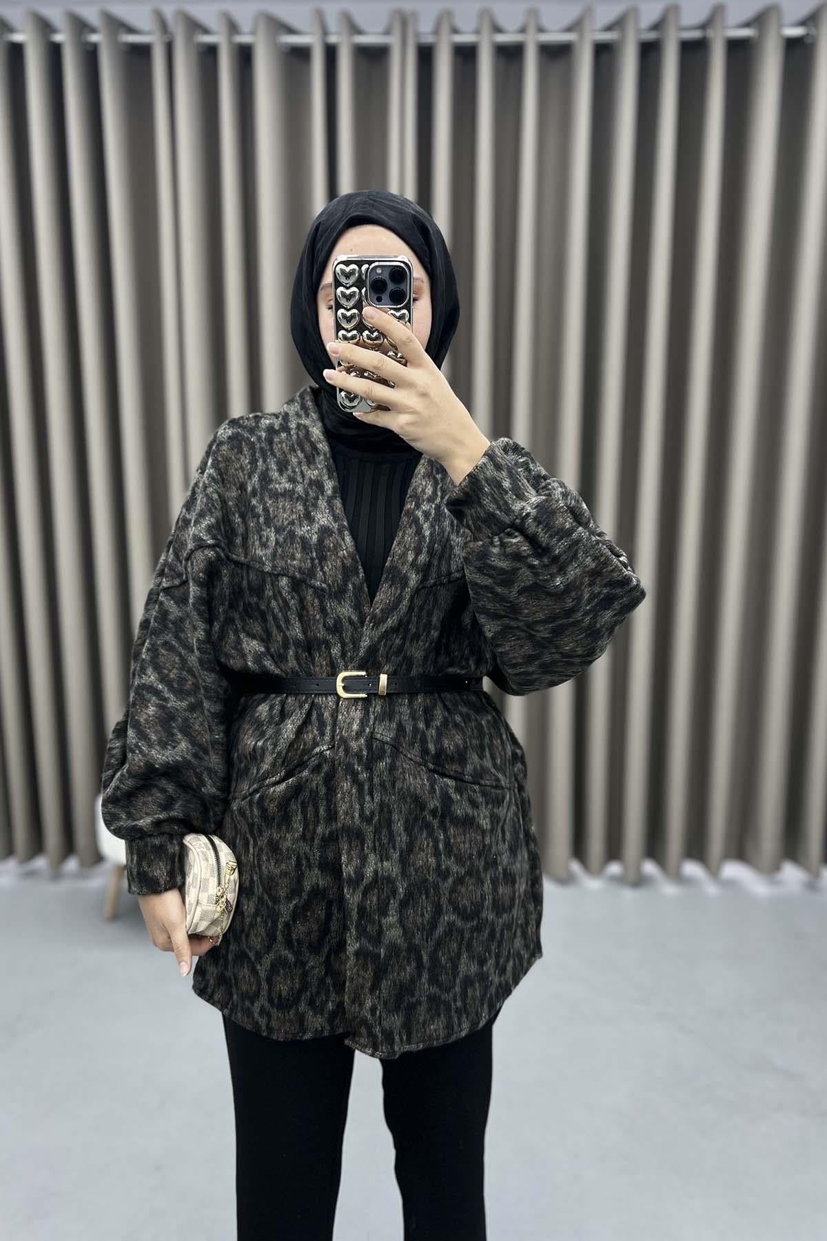 Leopar Desen Kemerli Ceket Leopar