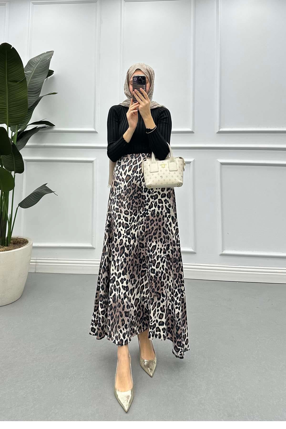 Leopar Desen Saten Etek Bej