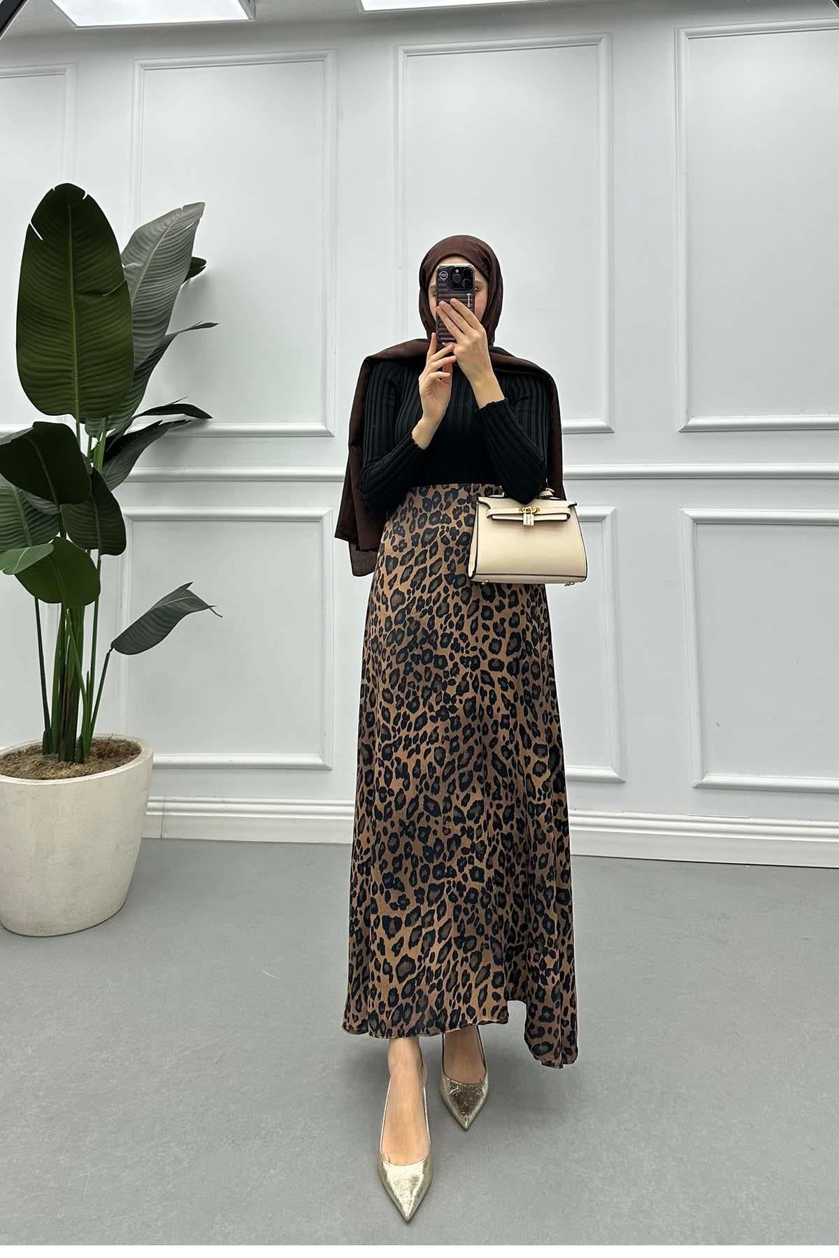 Leopar Desen Saten Etek Kahve