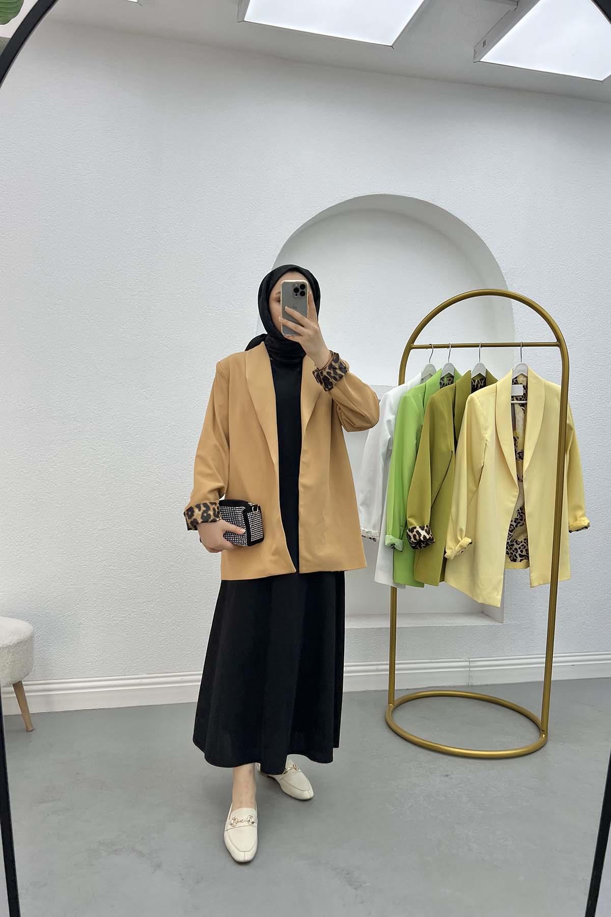 Leopar Desenli Ceket Camel