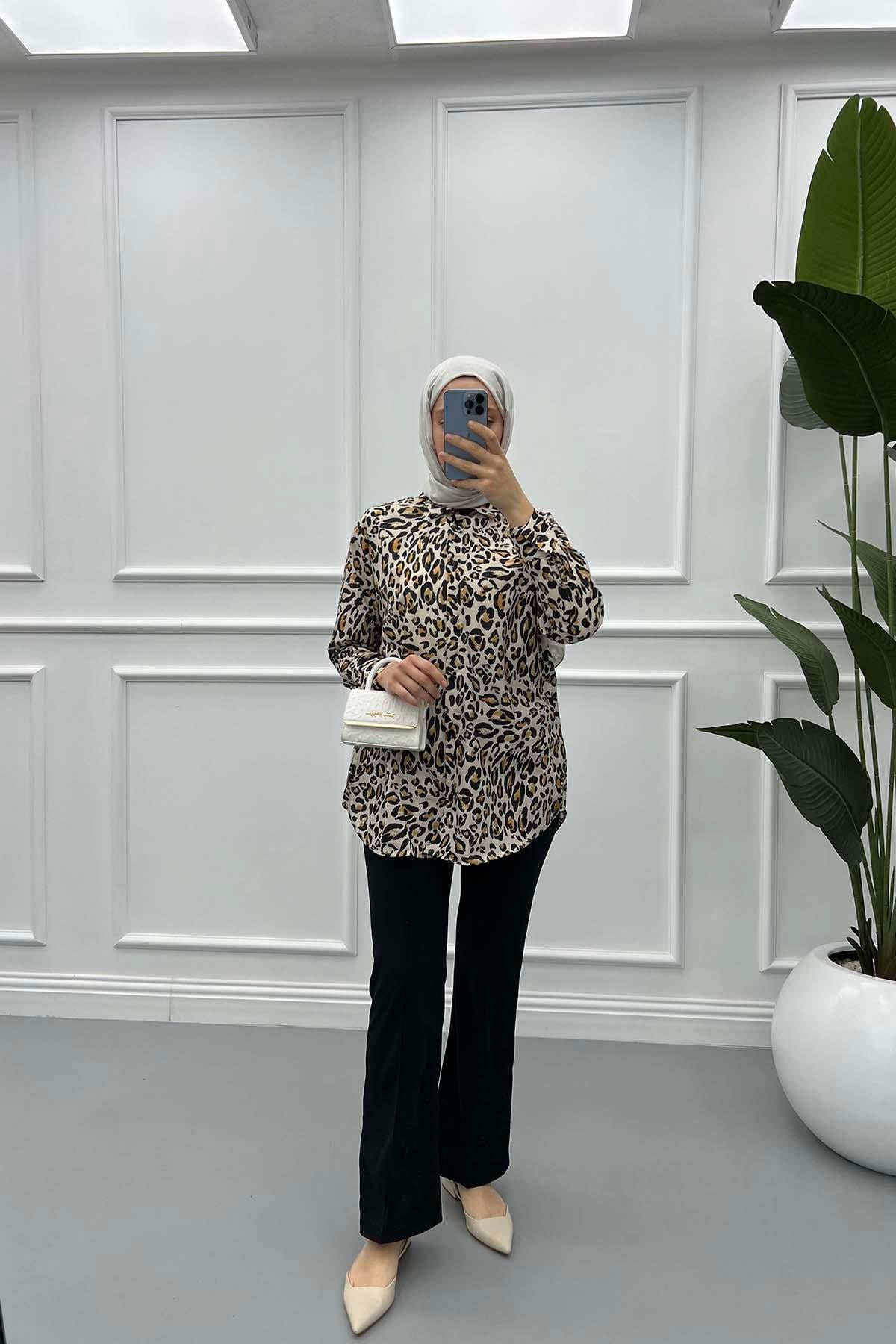 Leopar Desenli Gömlek Ekru