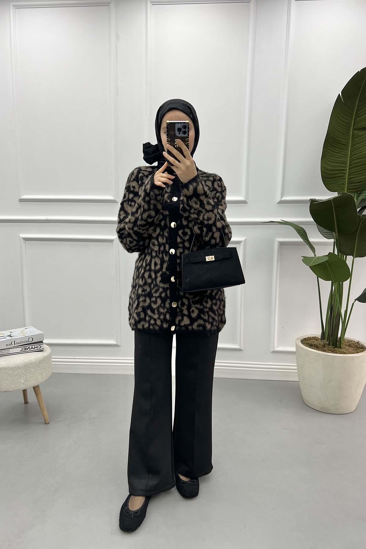 Leopar Desenli Hırka Kahve