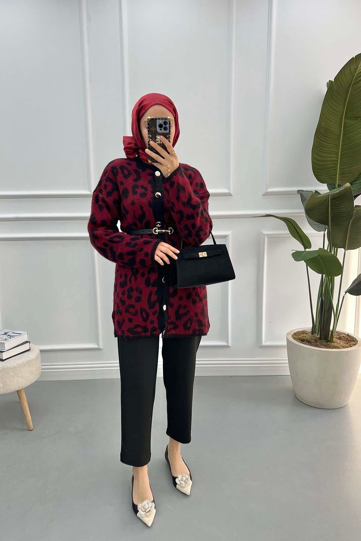 Leopar Desenli Hırka Vişne Çürüğü