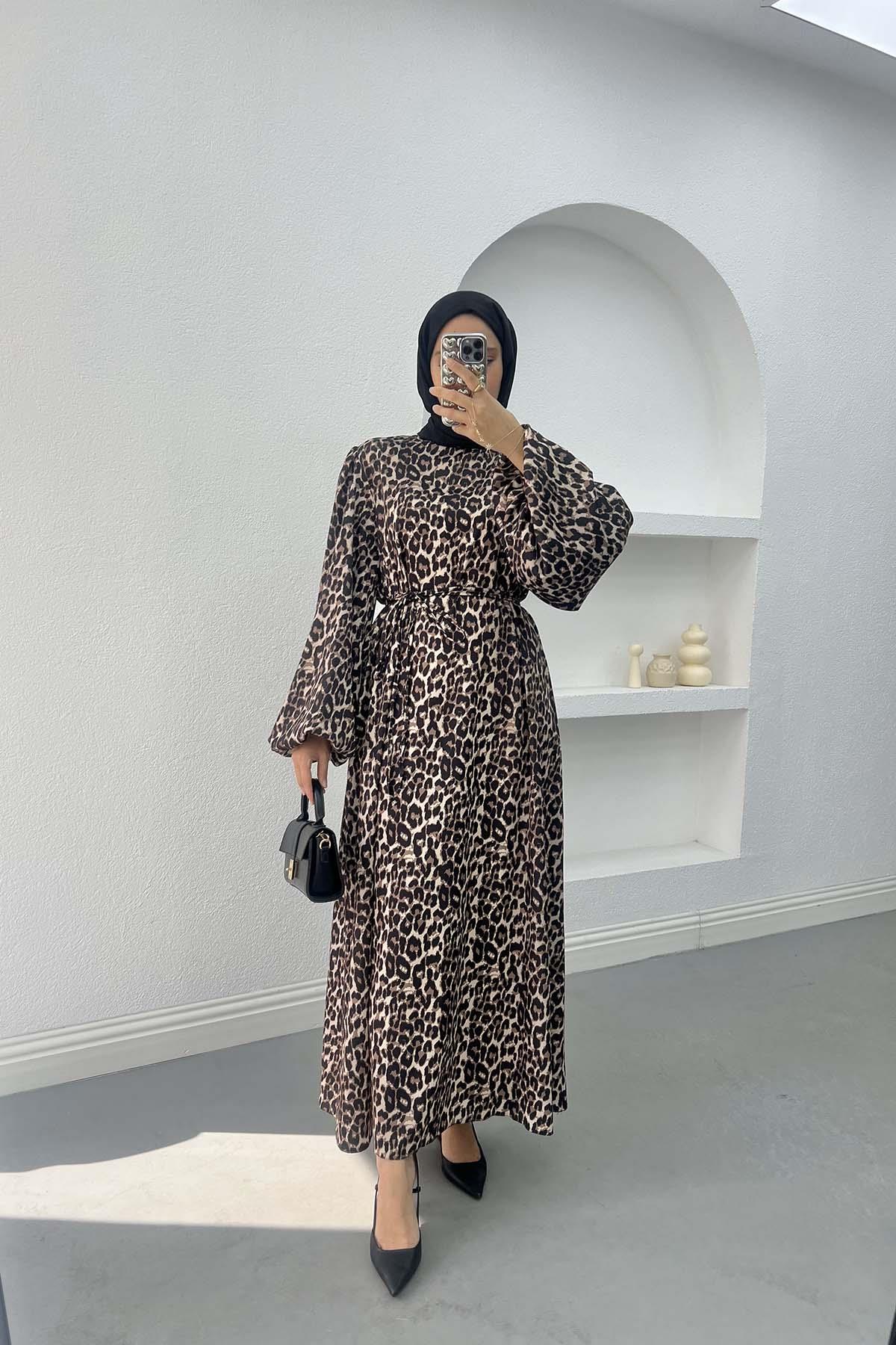Leopar Desenli Saten Elbise Leopar
