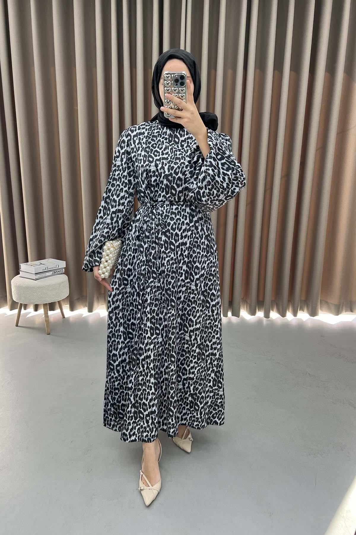 Leopar Desenli Saten Elbise Siyah