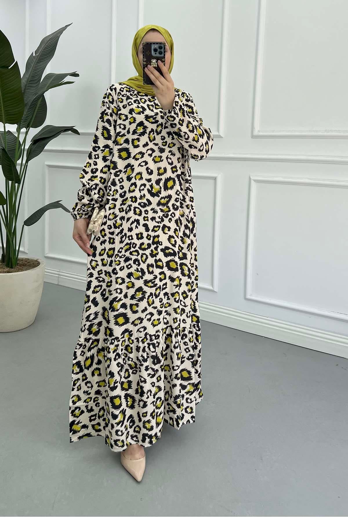 Leopar Desenli Viskon Elbise Bej