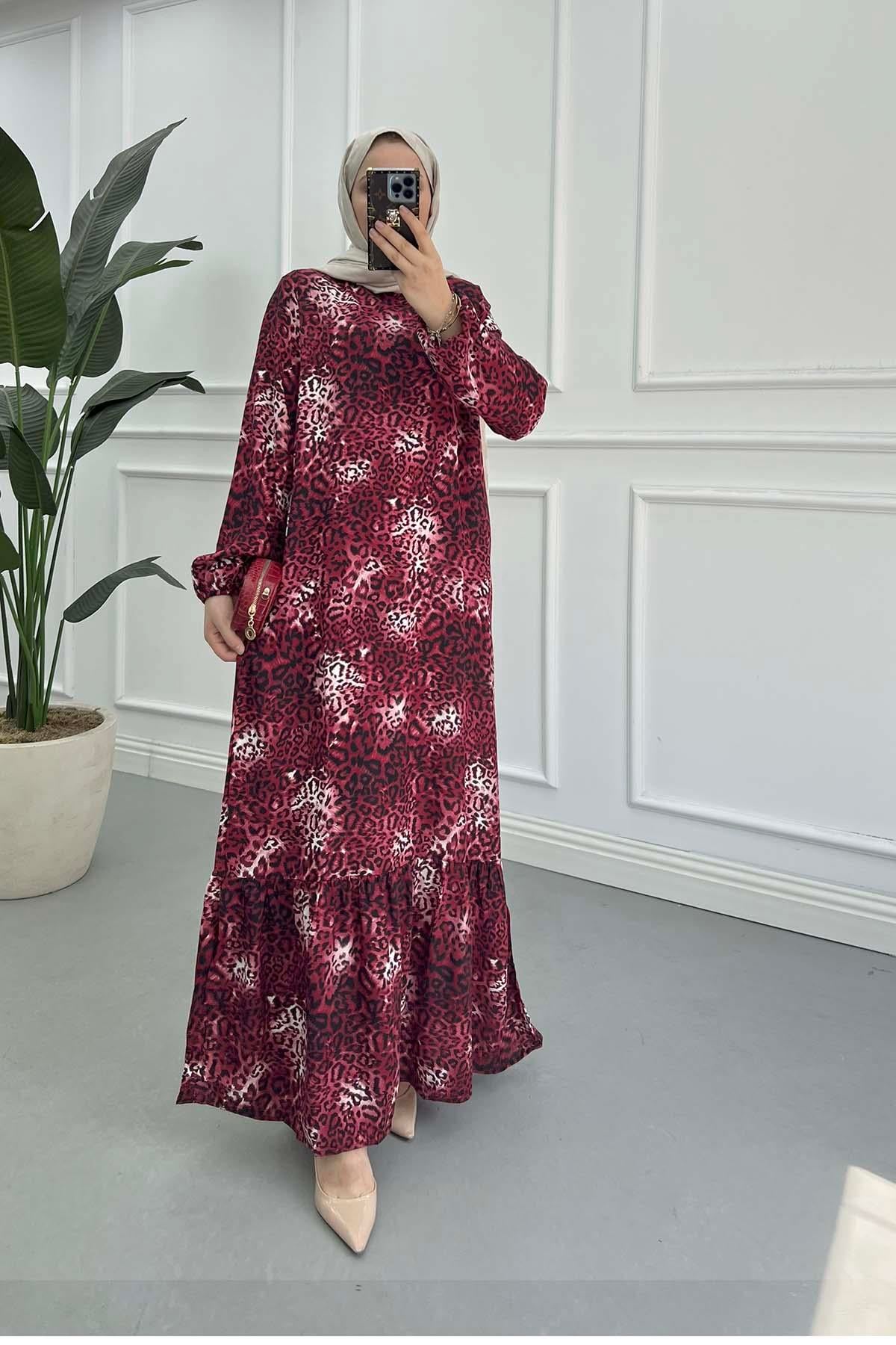 Leopar Desenli Viskon Elbise Bordo