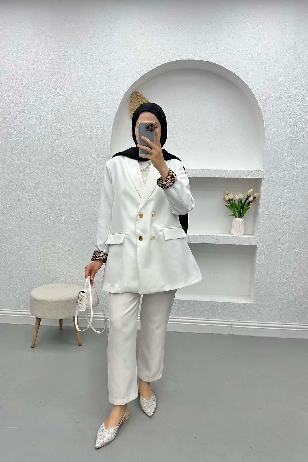 Leopar Detaylı Ceket Beyaz