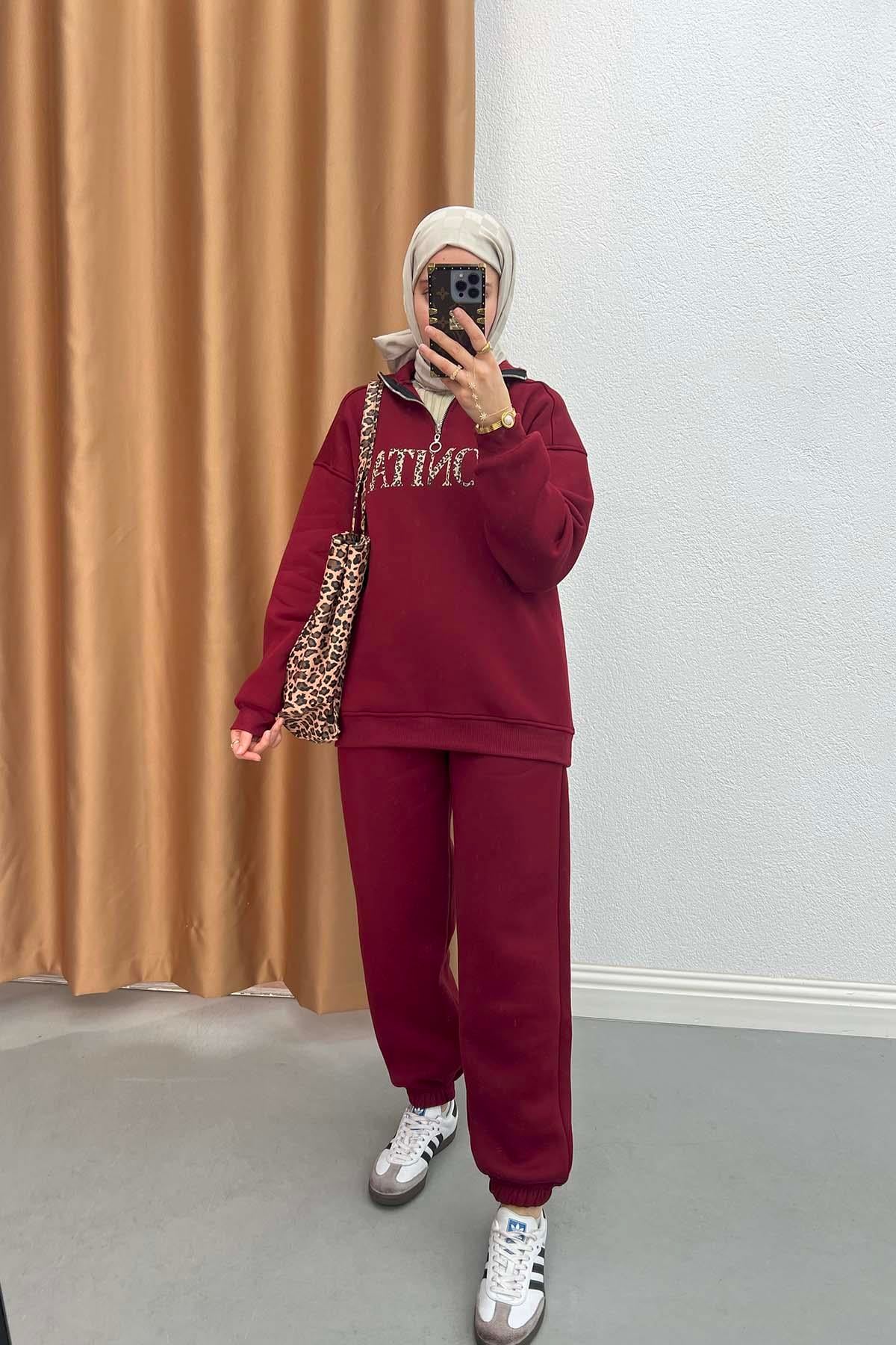 Leopar Detaylı Üç İplik Takım Bordo