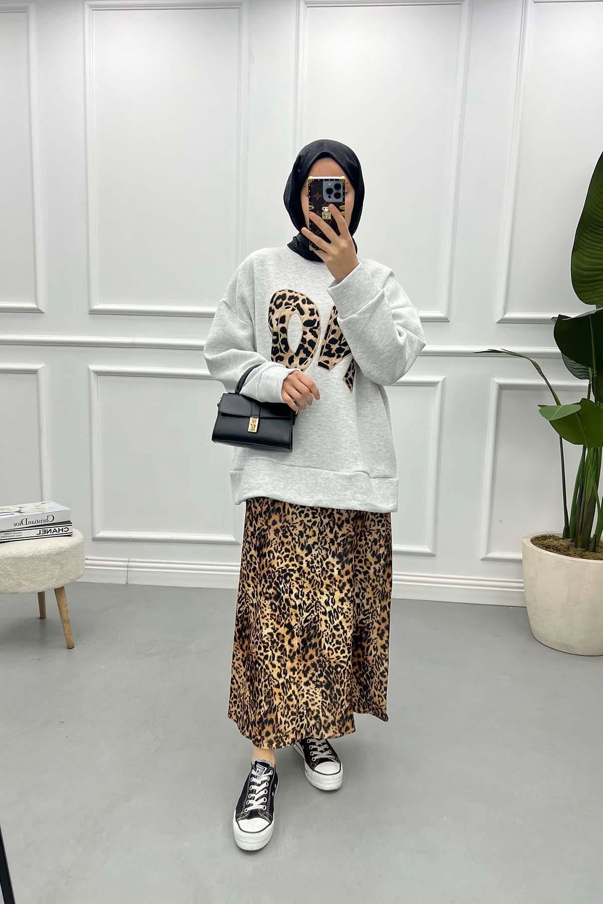 Leopar Yazılı Üç İplik Sweatshirt Gri