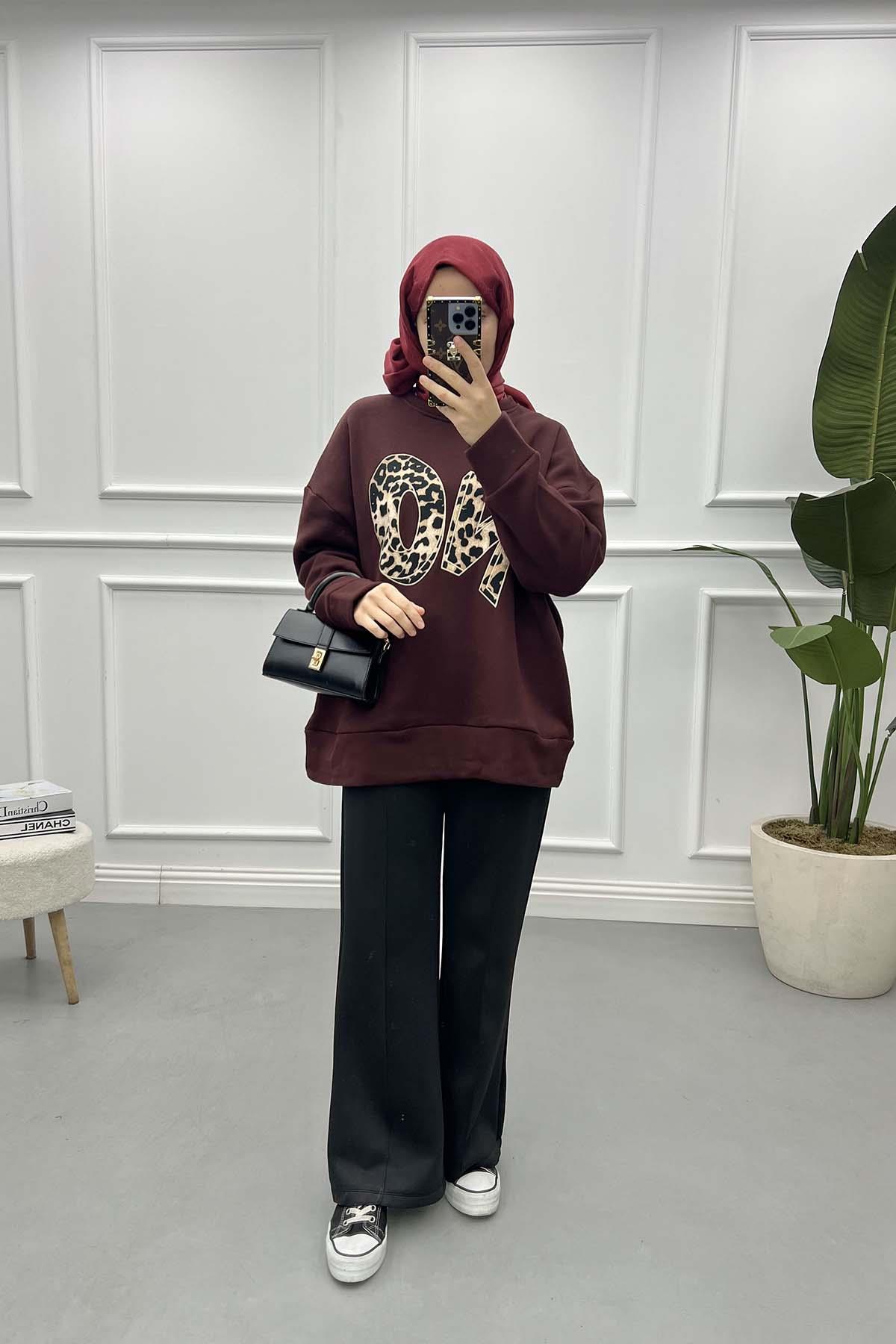 Leopar Yazılı Üç İplik Sweatshirt Vişne Çürüğü